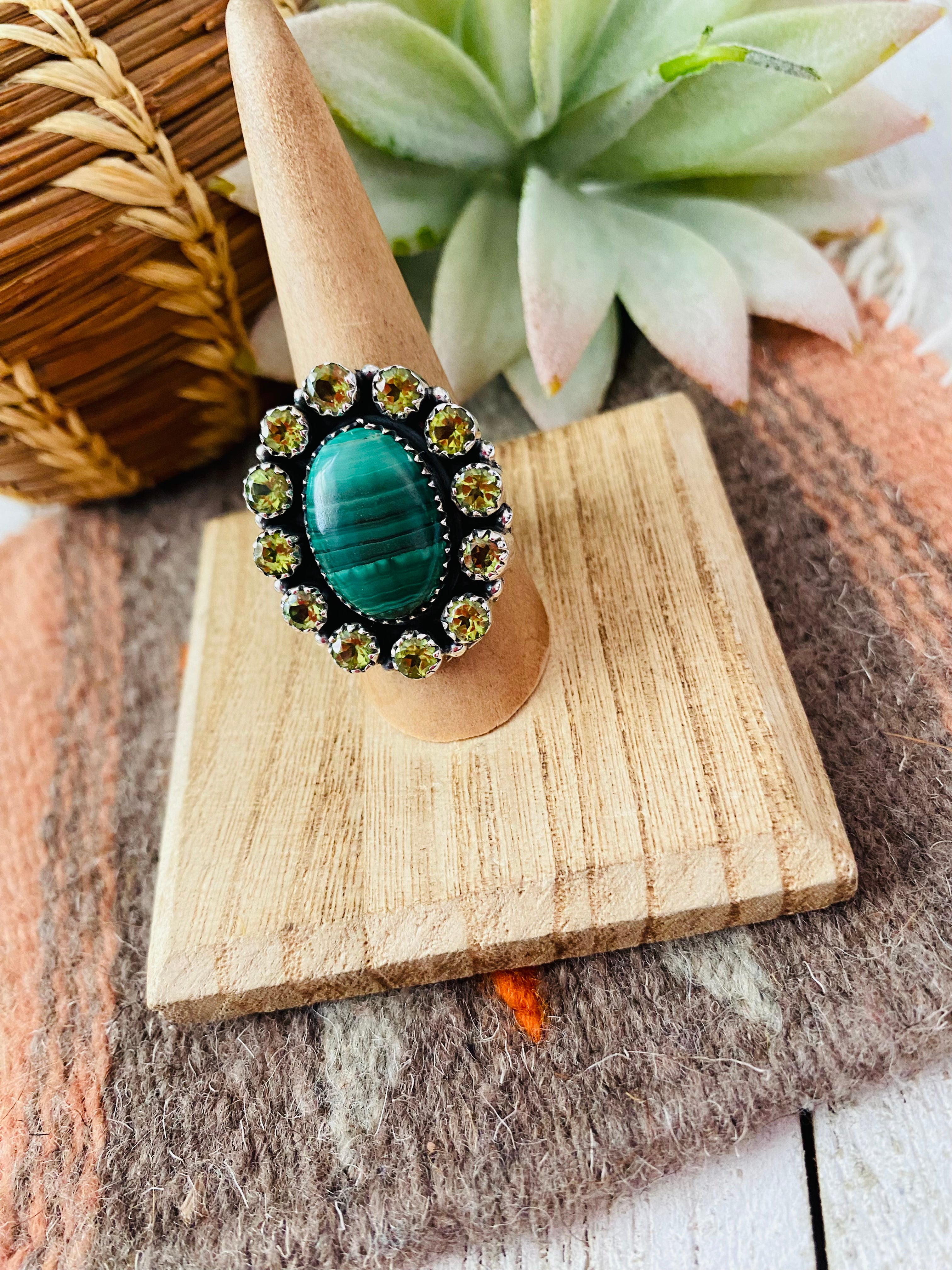 Handmade Sterling Silver, Malachite & Peridot Cluster Adjustable Ring