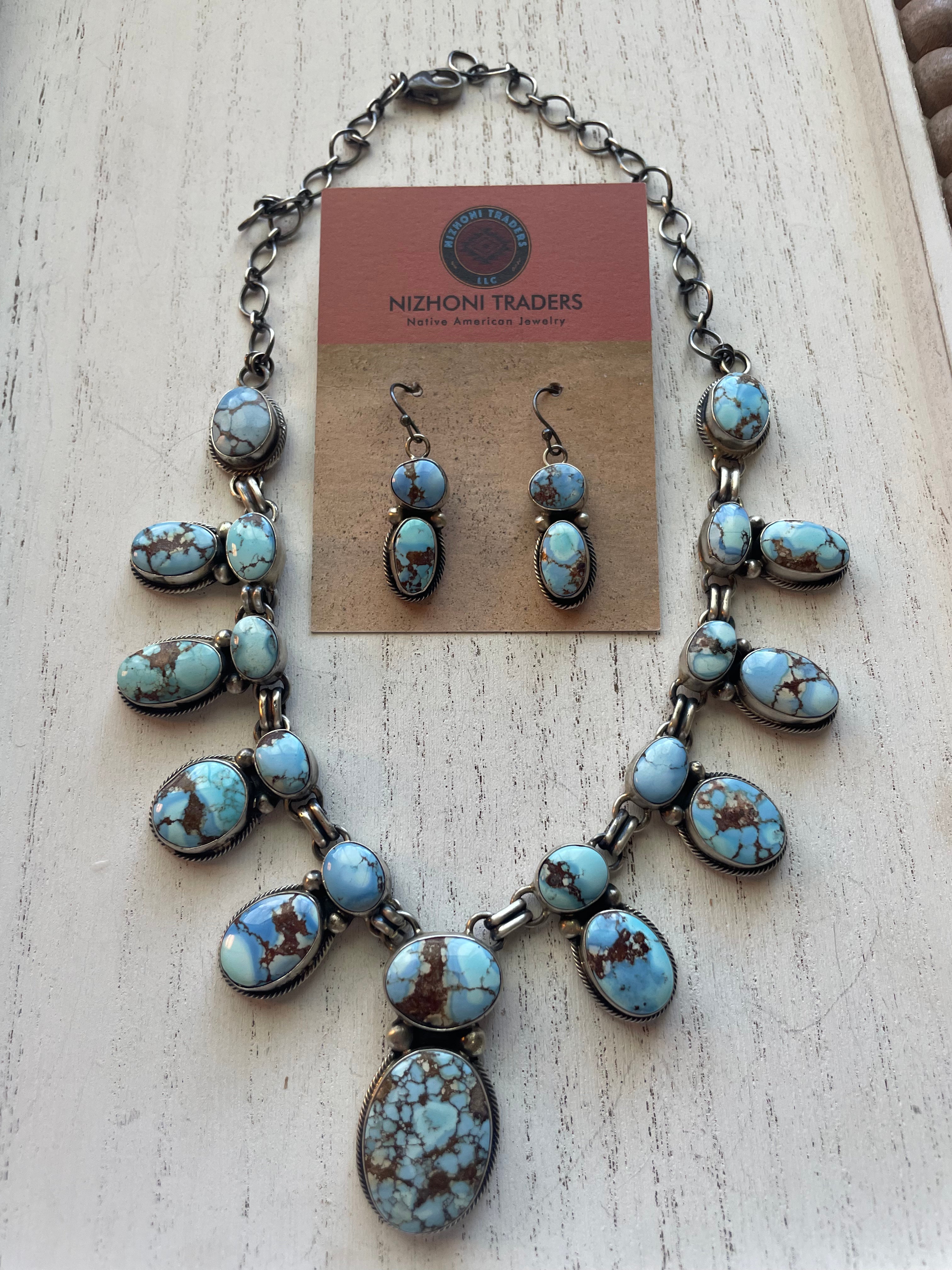 Paul Livingston Navajo Golden Hills Turquoise & Sterling Necklace Earring Set