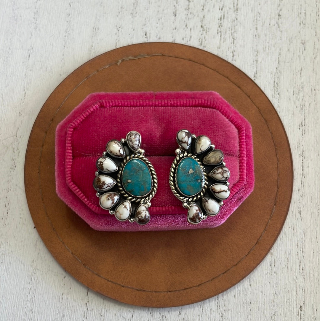 Nizhoni Wild Horse & Turquoise Sterling Silver Cluster Earrings