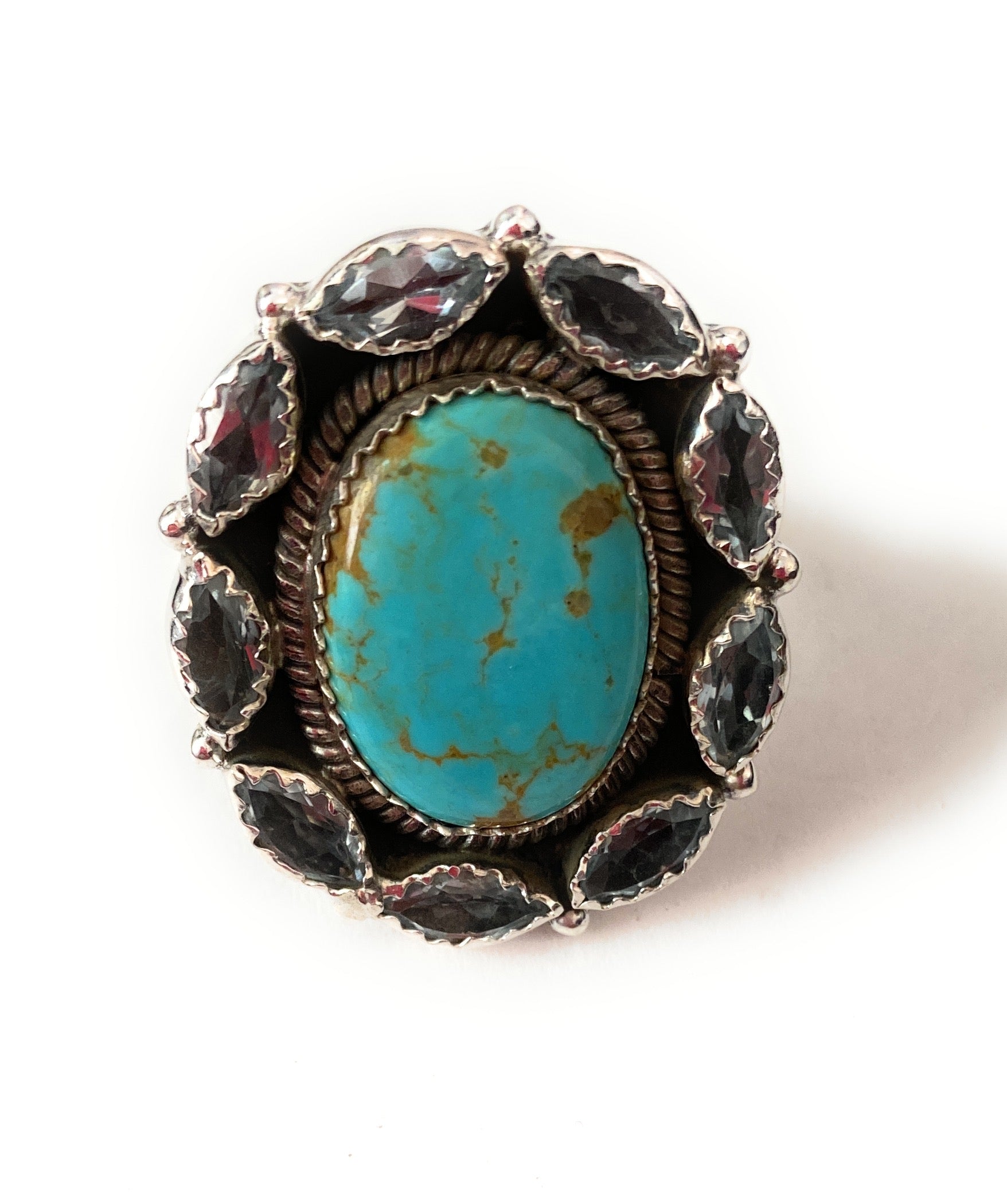 Handmade Sterling Silver, Turquoise & Topaz Cluster Adjustable Ring