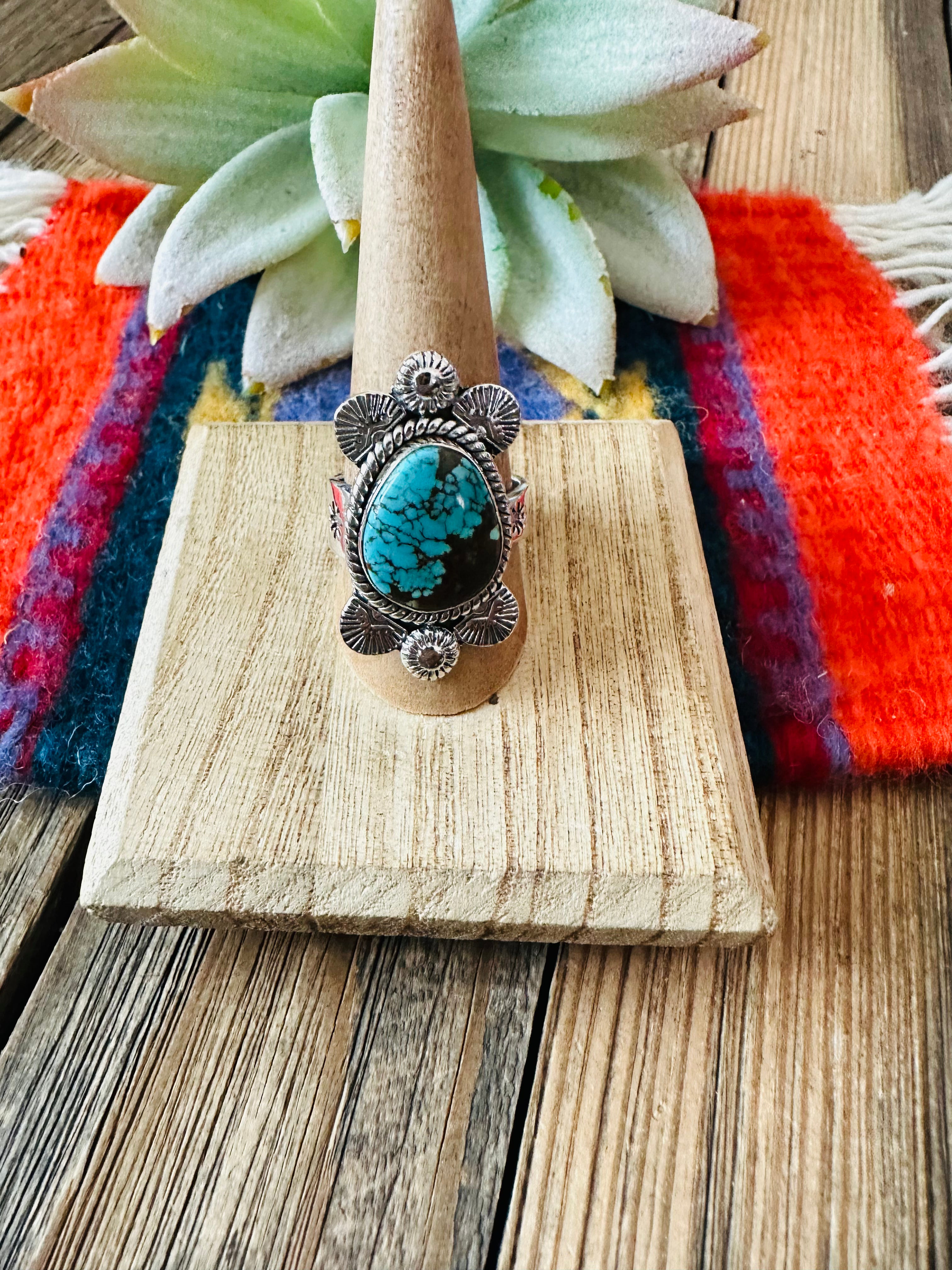 Handmade Sterling Silver & Number 8 Turquoise Adjustable Ring