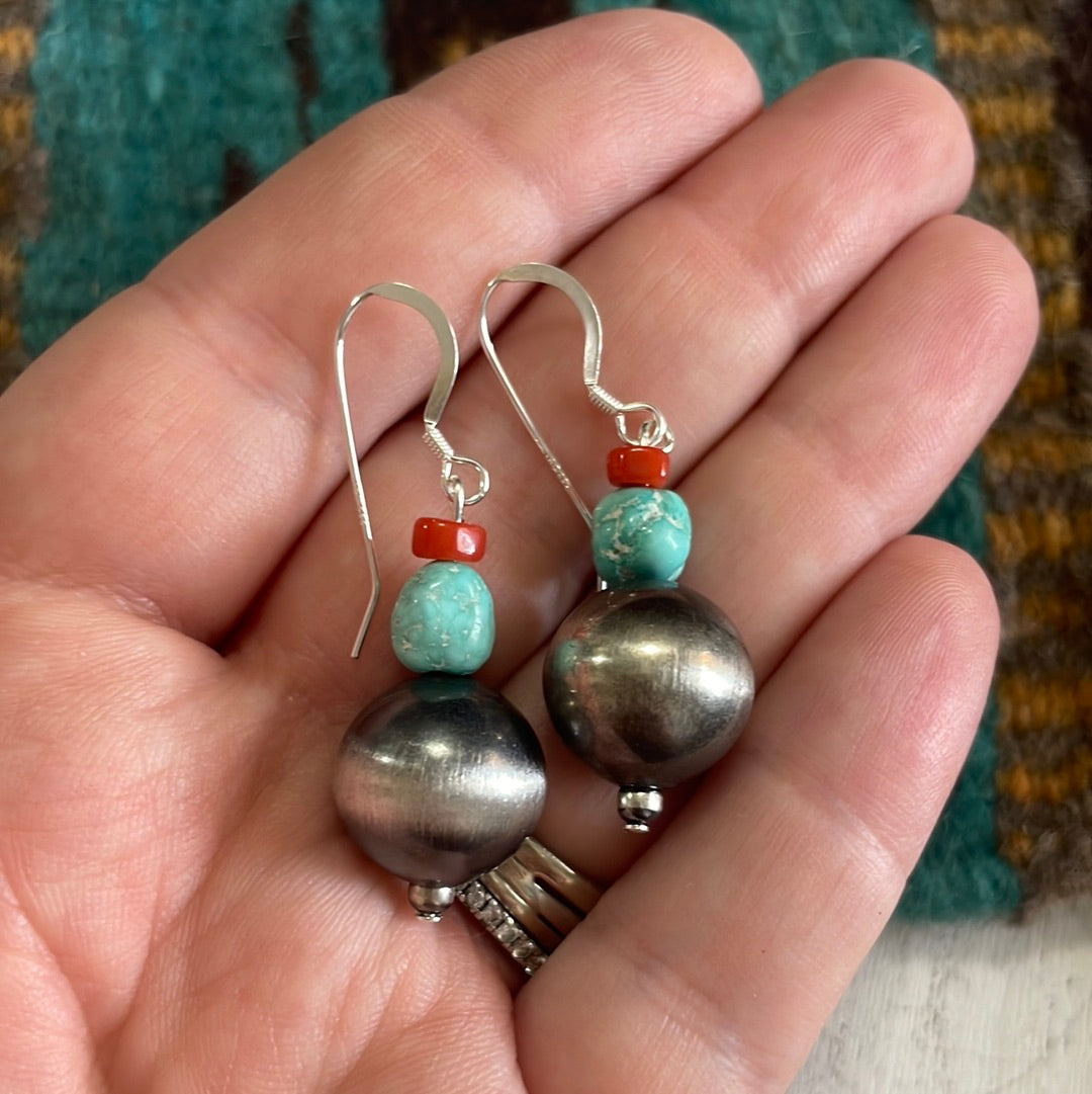 Navajo White Water Turquoise, Natural Coral & Sterling Silver Earrings