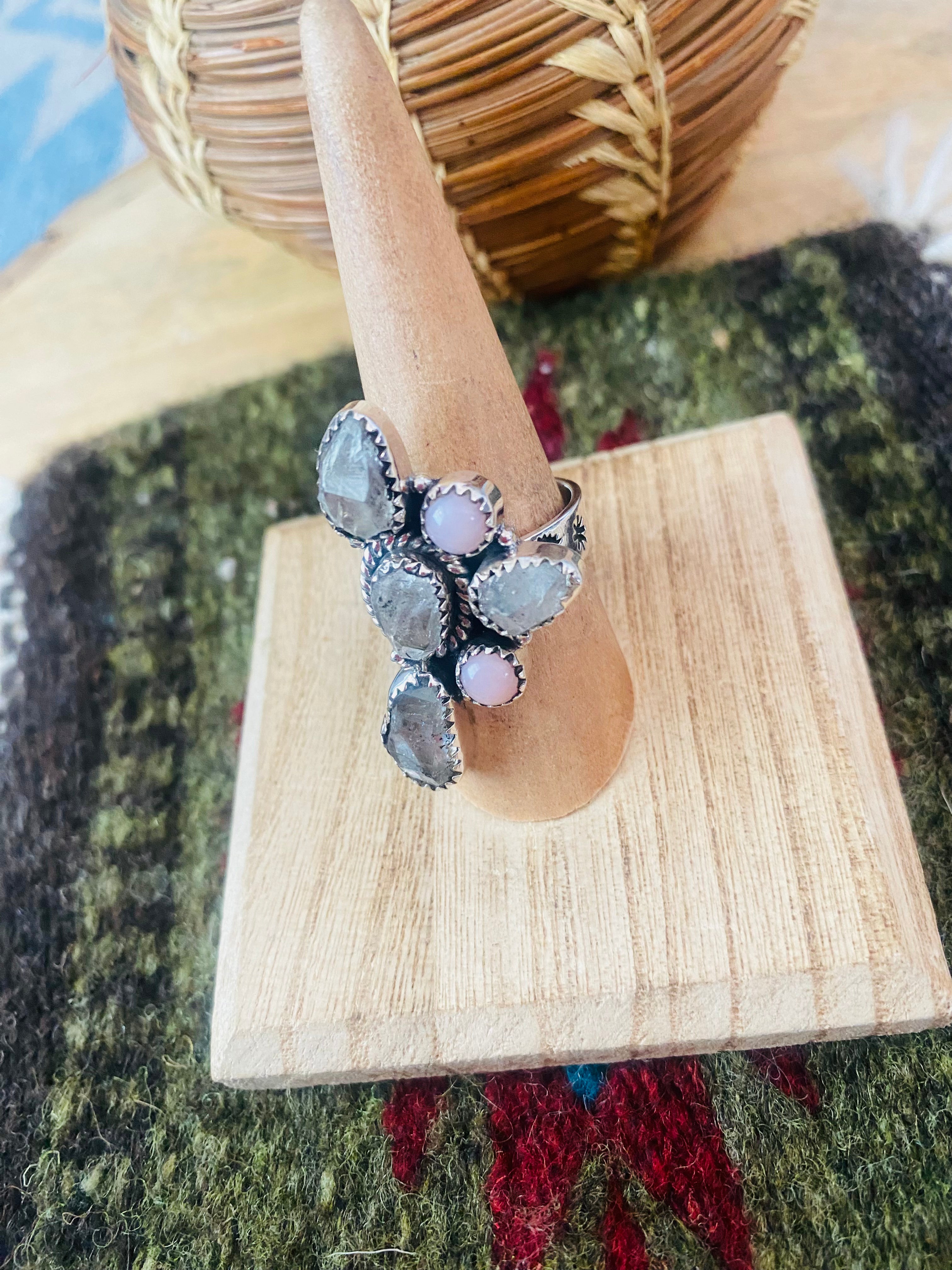 Handmade Sterling Silver, Herkimer Diamond & Queen Pink Conch She’ll Cluster Adjustable Ring