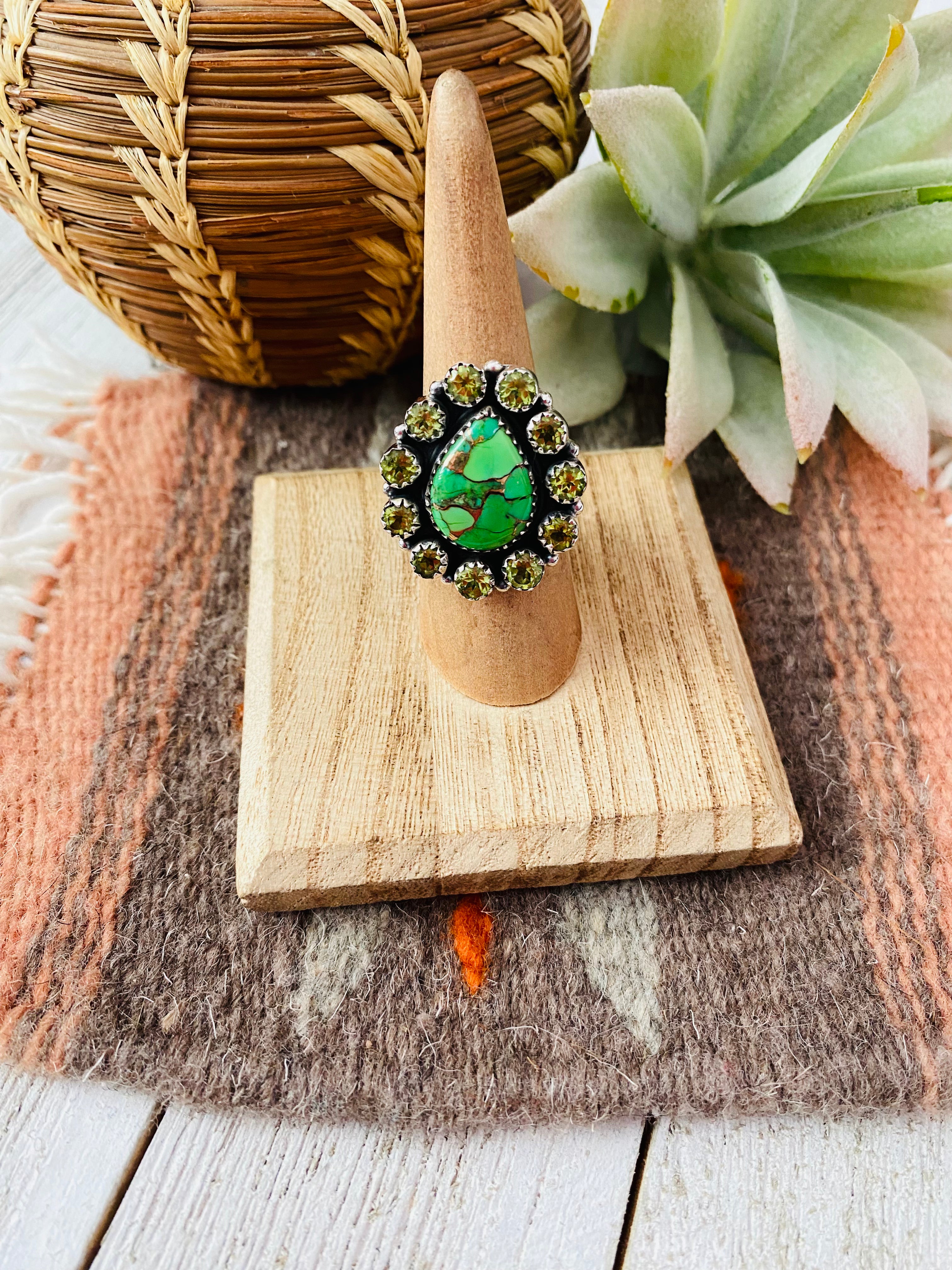 Handmade Sterling Silver, Gaspeite & Peridot Cluster Adjustable Ring