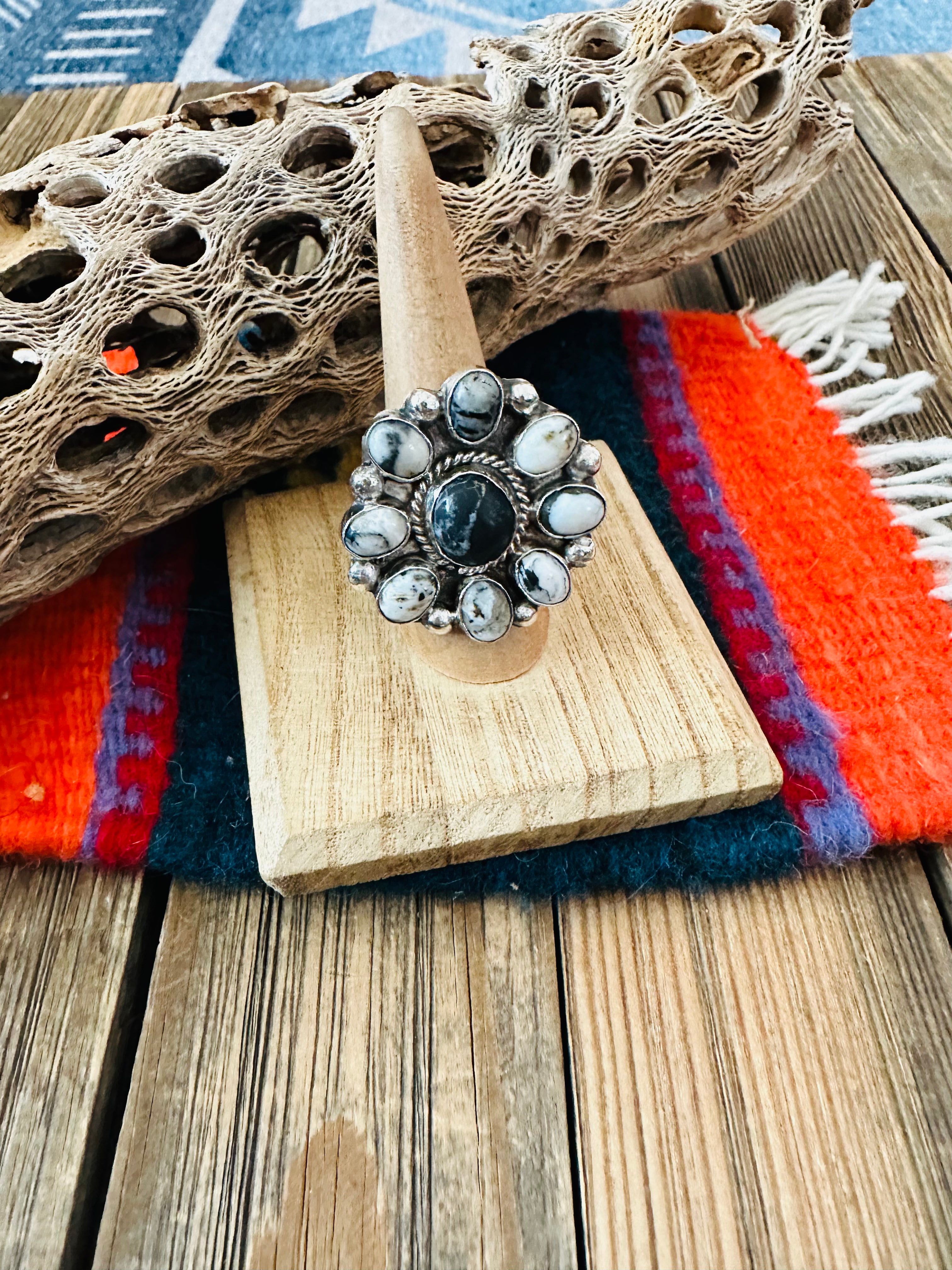 Navajo Sterling Silver And White Buffalo Cluster Adjustable Ring