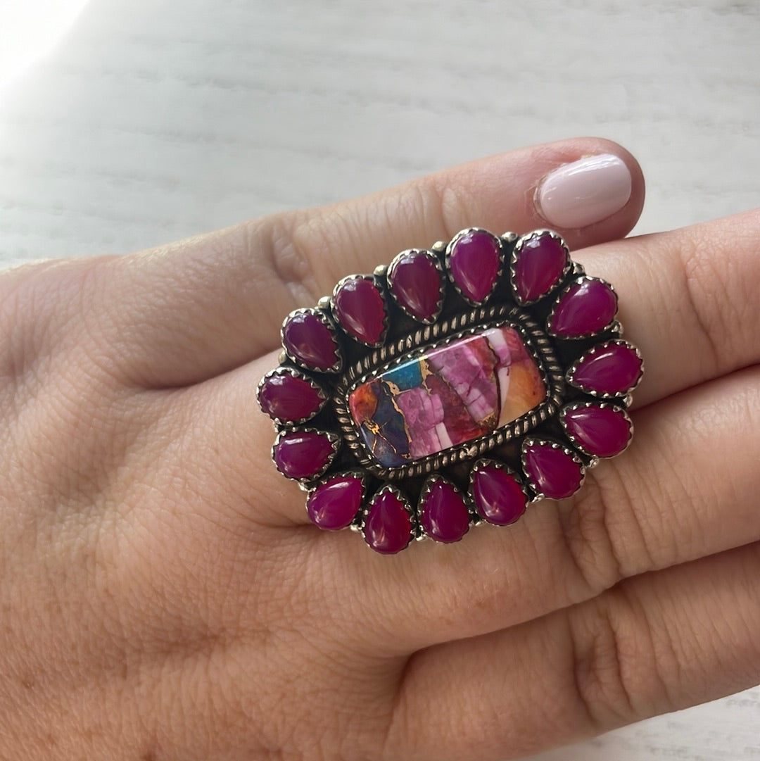 Handmade Sterling Silver, Pink Onyx, Pink Dream Adjustable Ring Signed Nizhoni