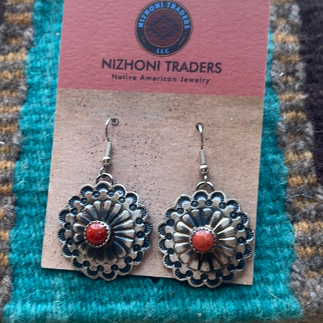 Beautiful Navajo Sterling Silver & Coral Dangle Earrings Signed