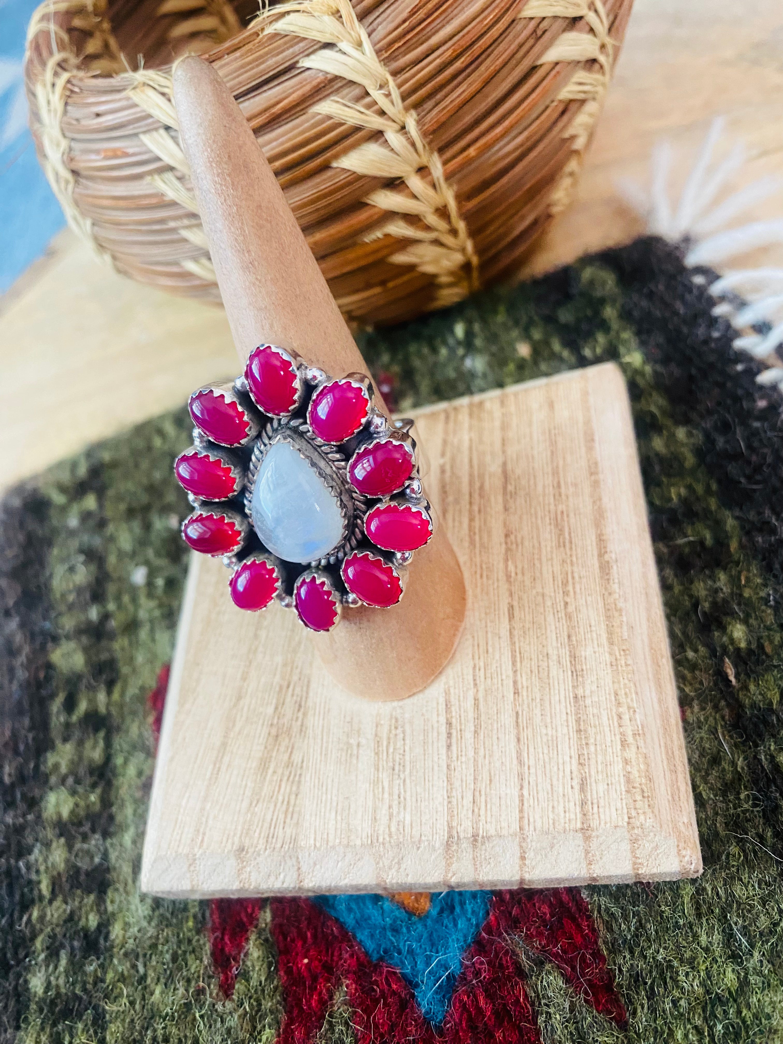 Handmade Sterling Silver, Pink Onyx & Moon Stone Cluster Adjustable Ring