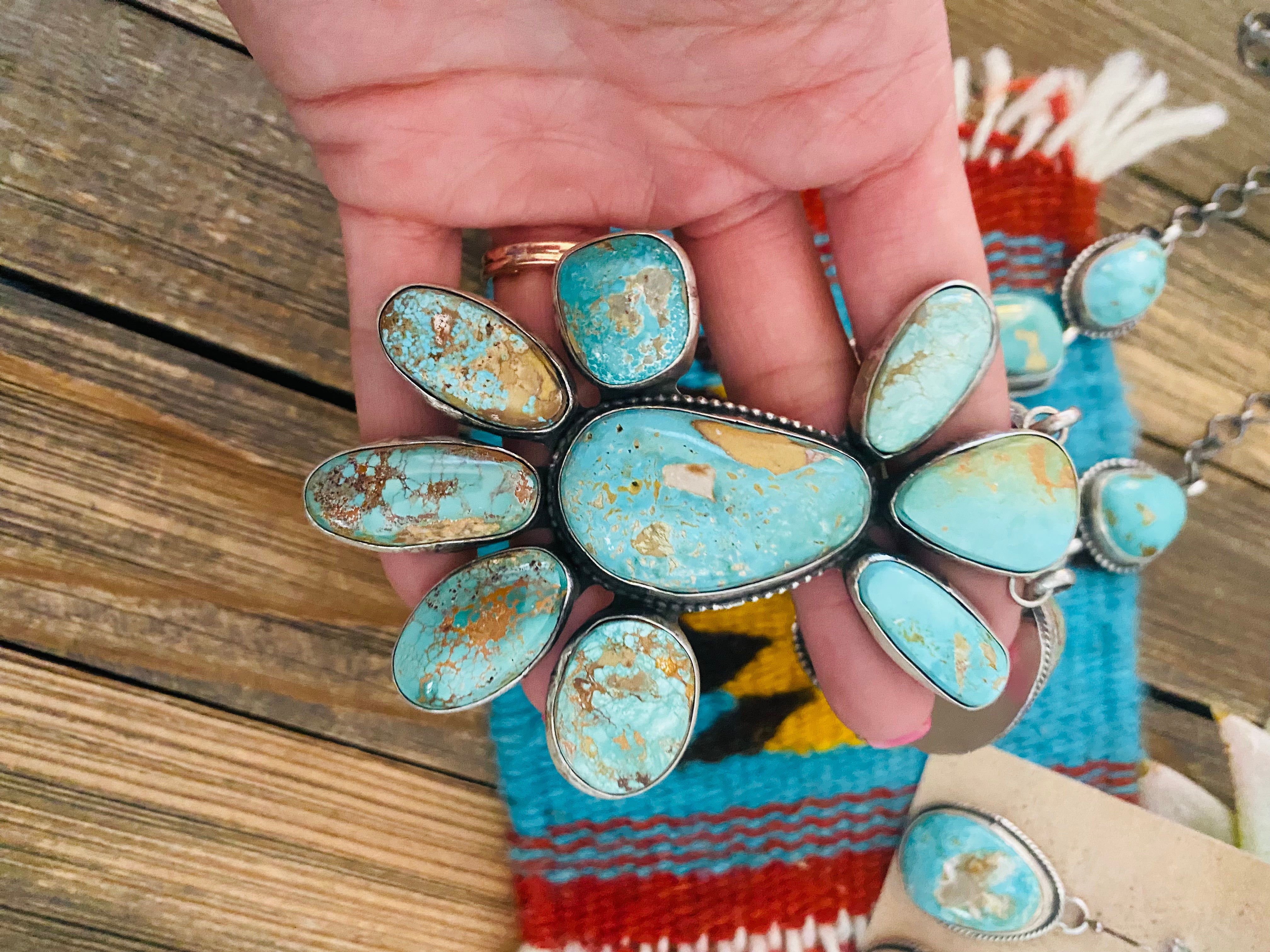 Stunning Navajo Carico Lake Turquoise & Sterling Silver Necklace Set