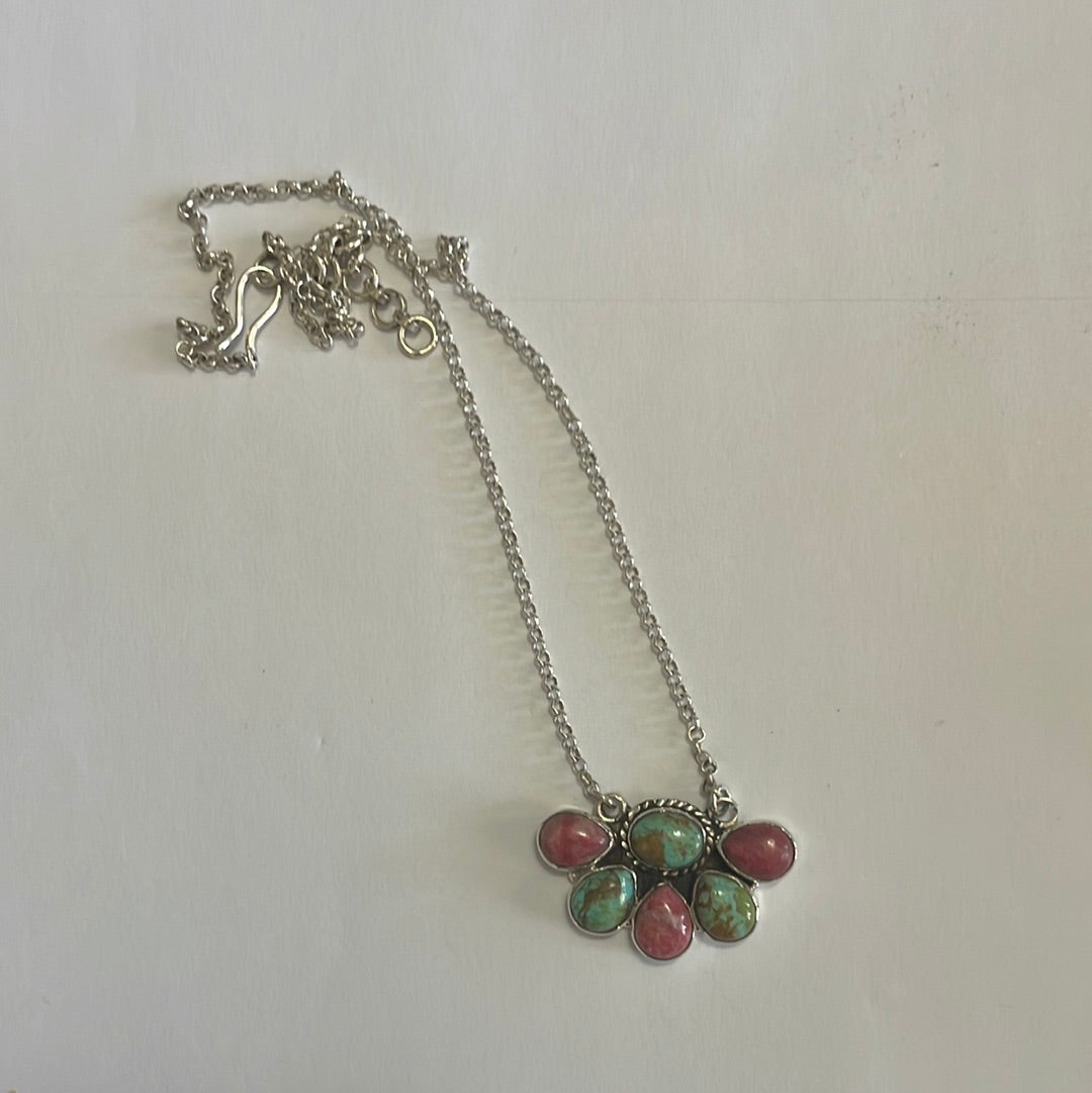 Handmade Sterling Silver, Rhodonite & Turquoise Necklace