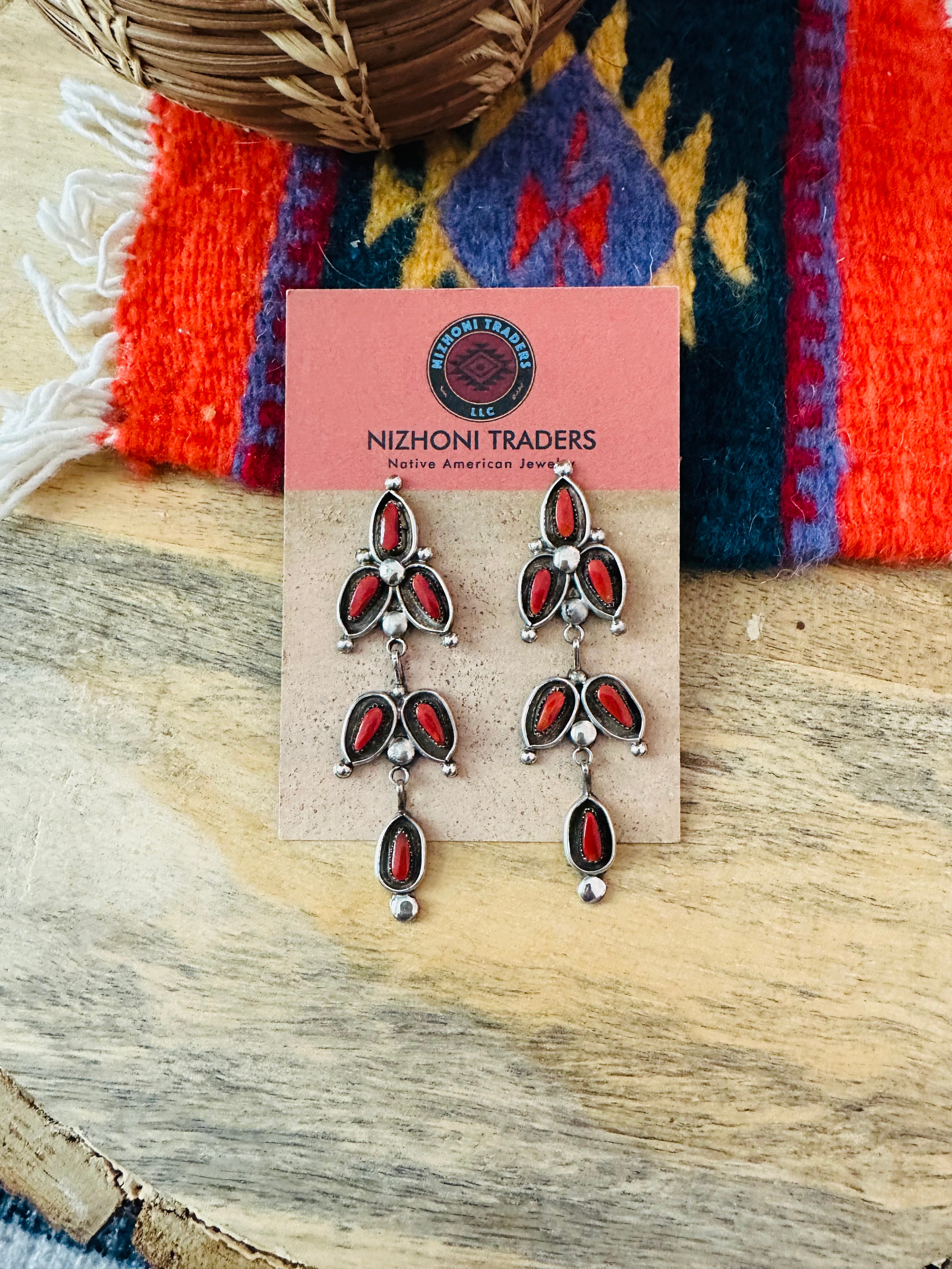 Navajo Coral & Sterling Silver Dangle Earrings