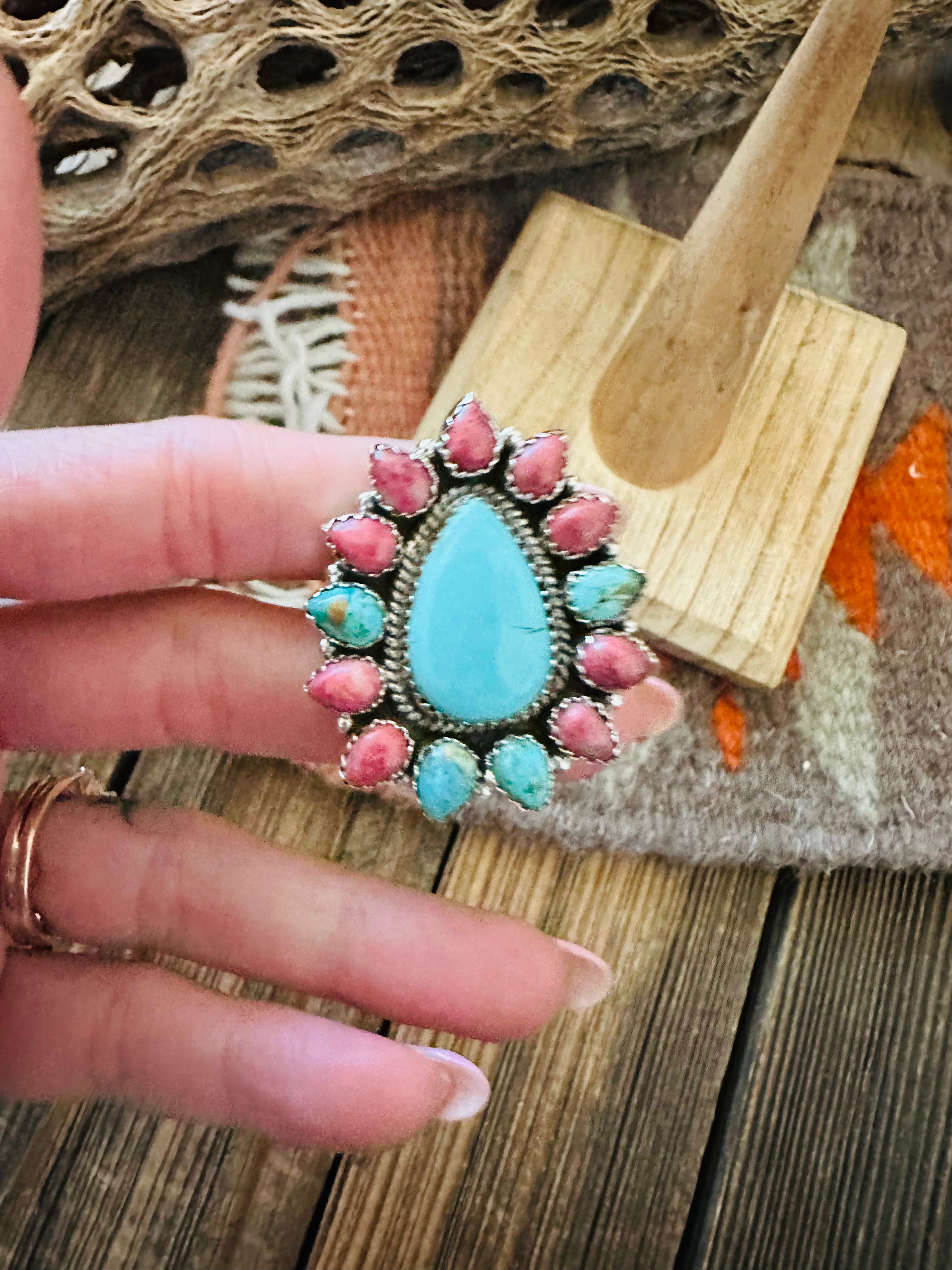 Handmade Sterling Silver, Turquoise & Rhodonite Cluster Adjustable Ring