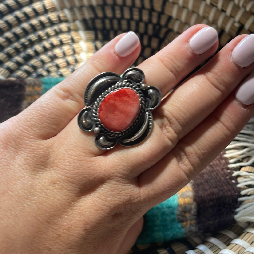 Navajo Red Spiny & Sterling Silver Ring Size 7 Signed Kirk Smith