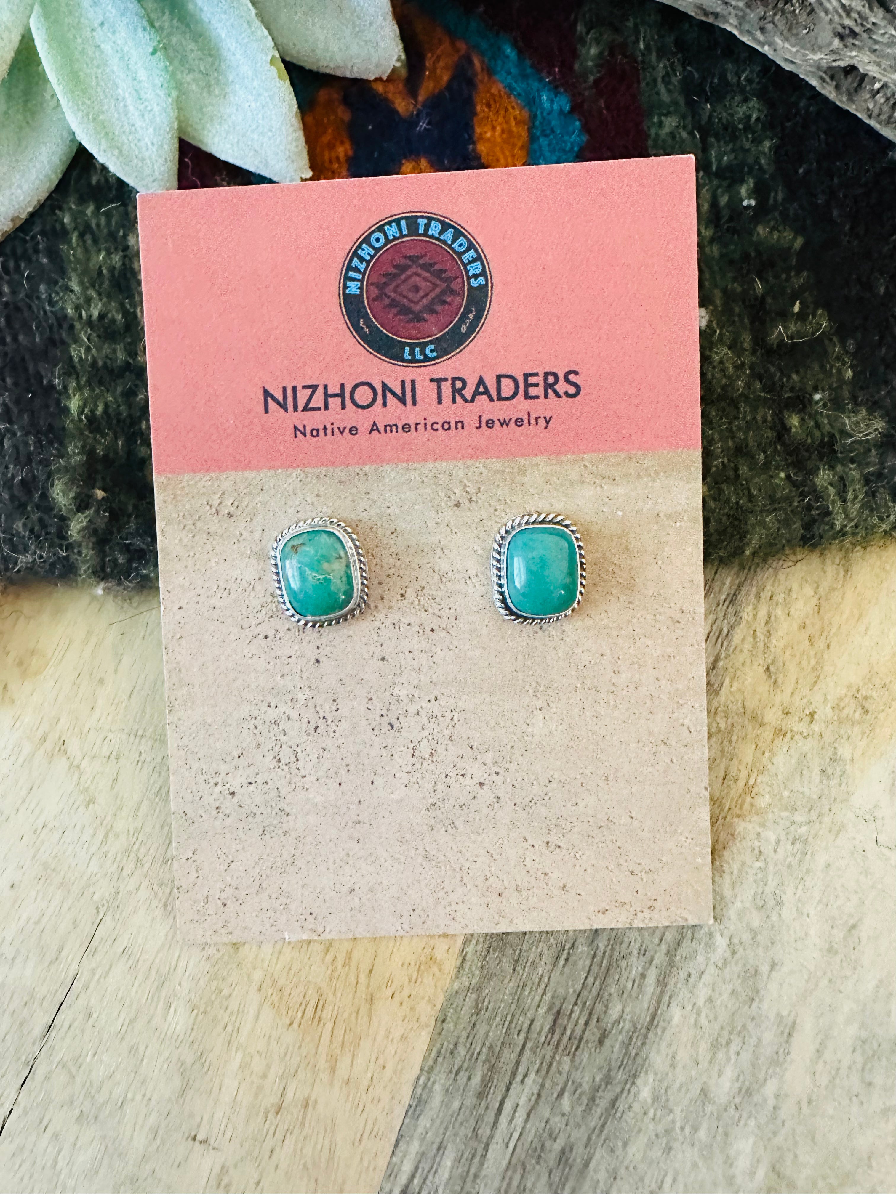 Navajo Royston Turquoise & Sterling Silver Rectangle Stud Earrings