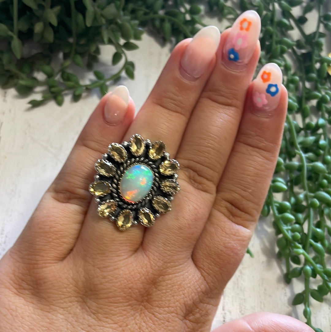 Nizhoni Handmade Ethiopian Opal, Topaz And Sterling Silver Adjustable Ring