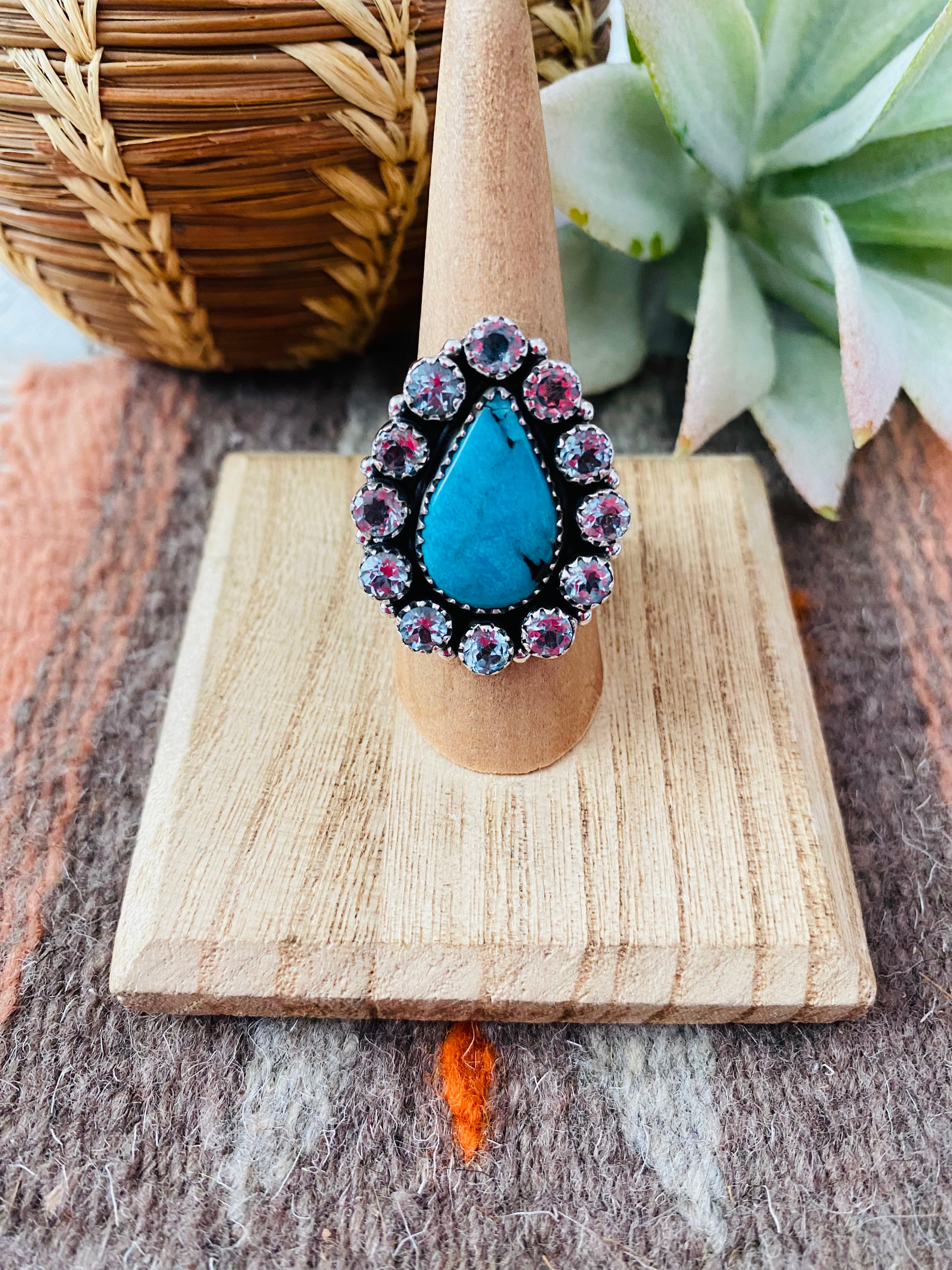 Handmade Sterling Silver, Turquoise & Topaz Cluster Adjustable Ring