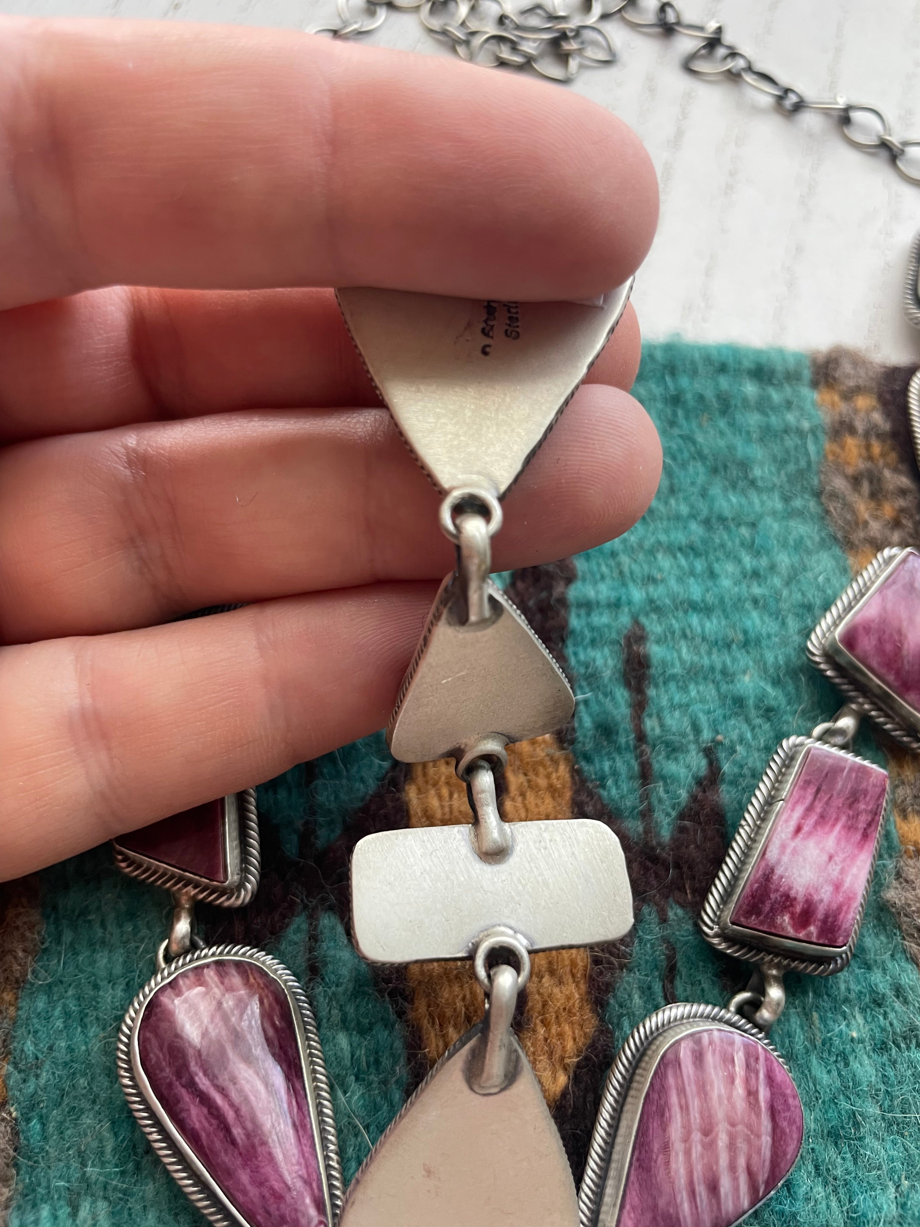 Navajo Purple Spiny And Sterling Silver Necklace & Earrings Signed