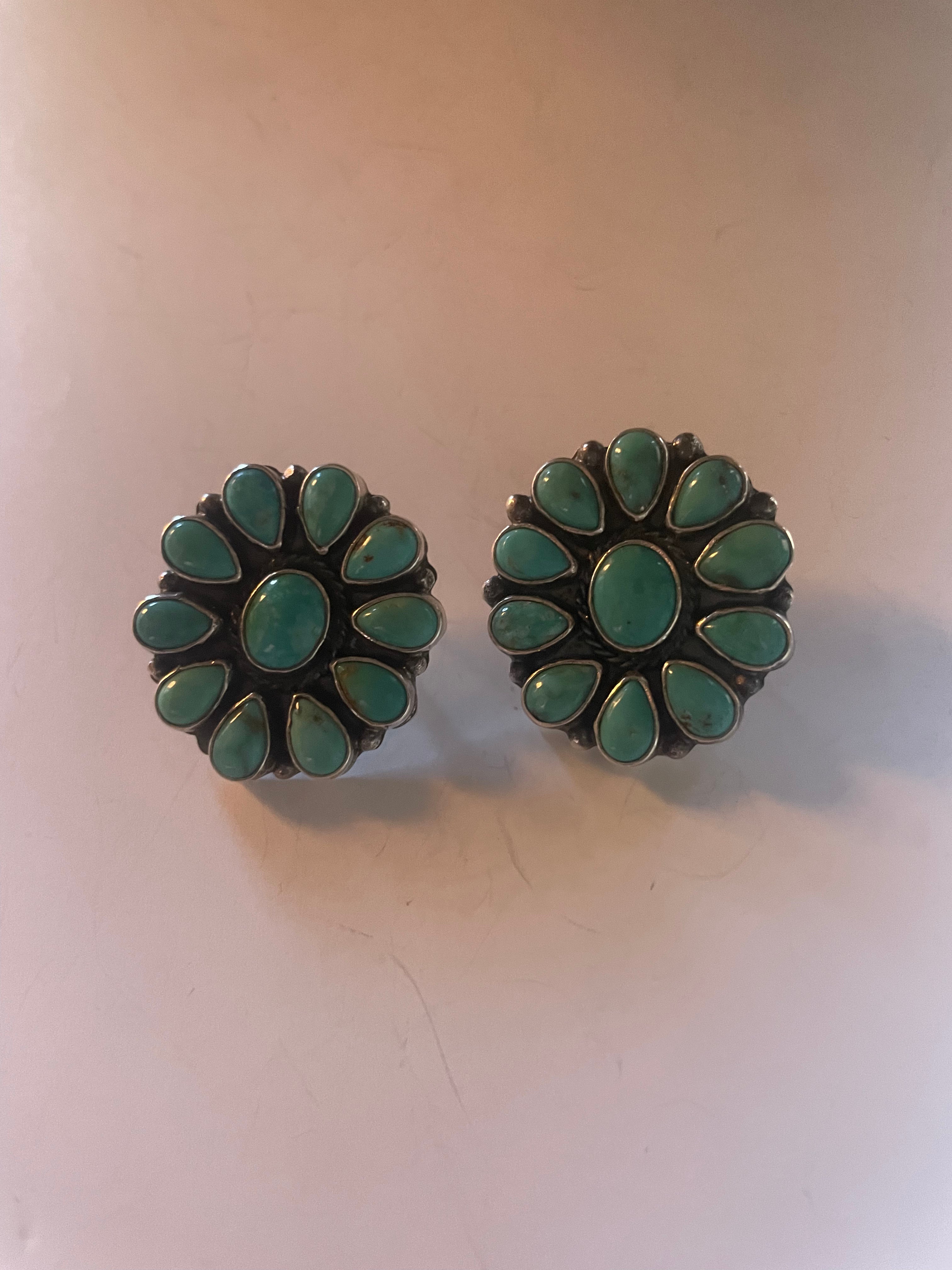 Navajo C Yazzie Sterling Silver & Turquoise Cluster Earrings Signed