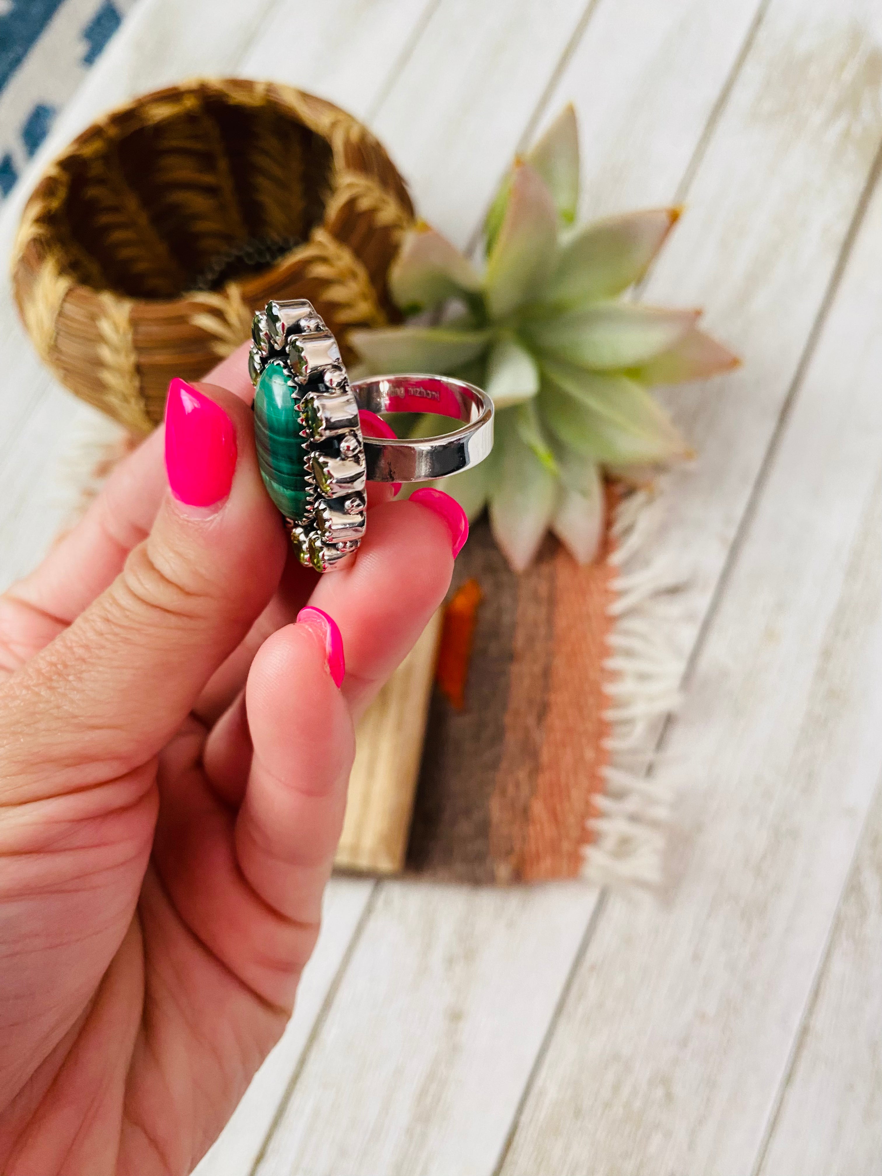 Handmade Sterling Silver, Malachite & Peridot Cluster Adjustable Ring