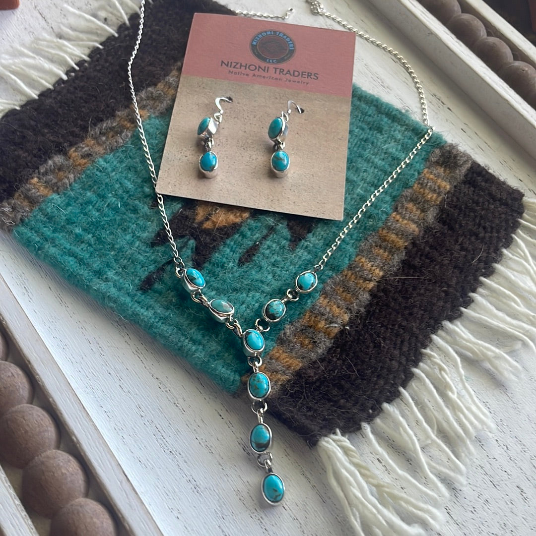 Navajo Sterling And Turquoise Drop Necklace And Earrings Set