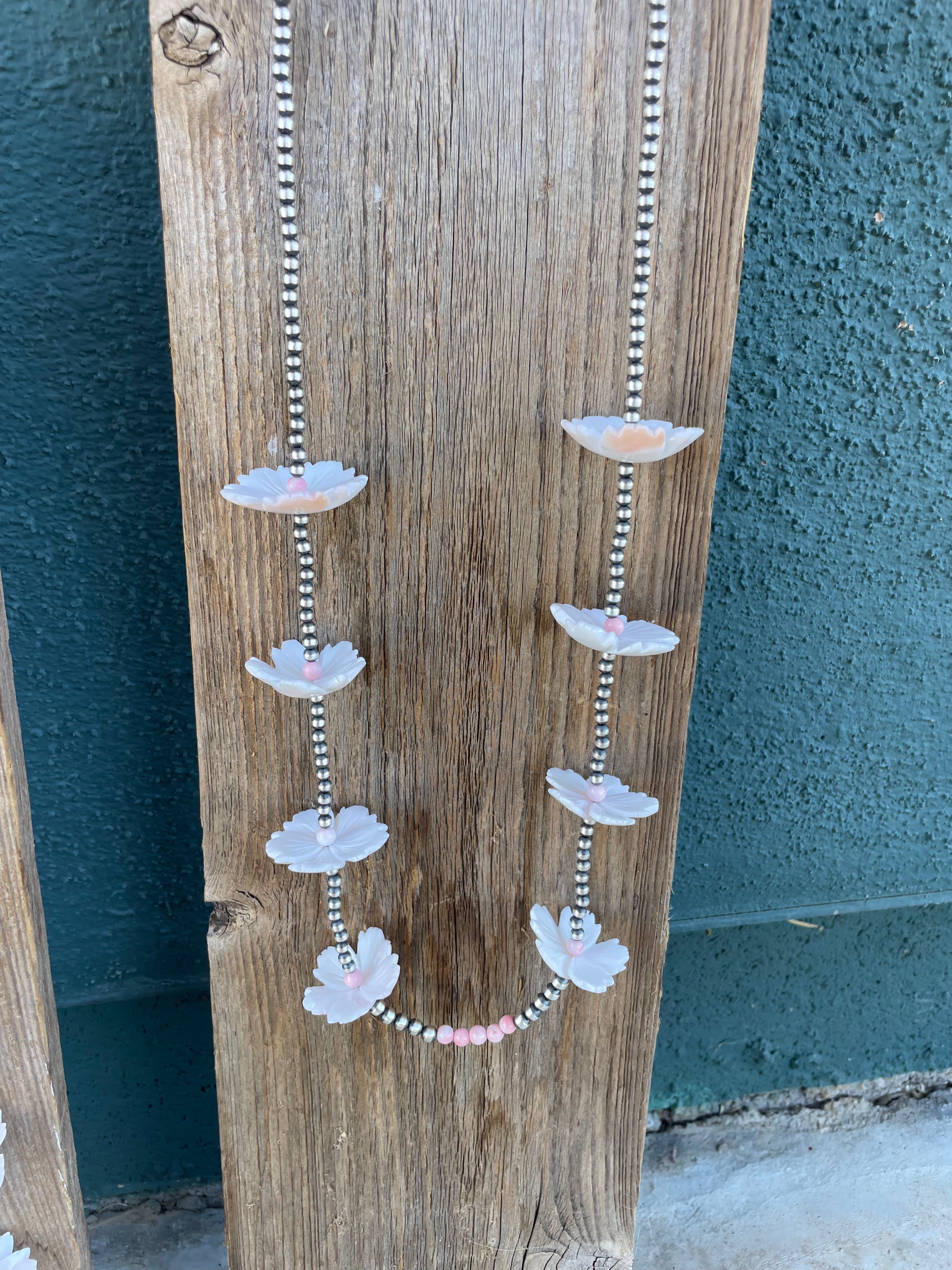 Navajo Pink Conch & Sterling Silver Flower Beaded Necklace 48”