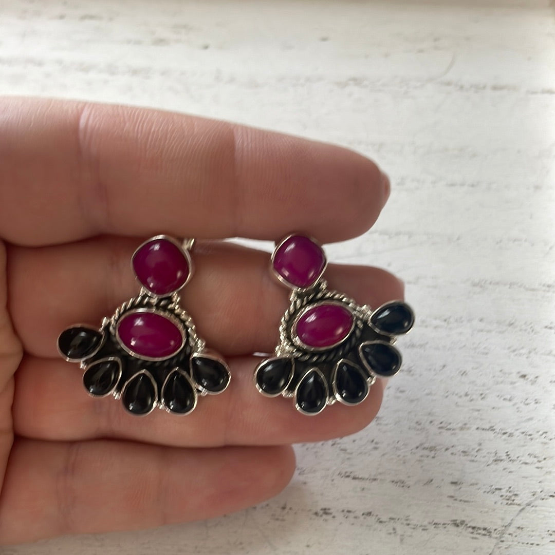 Beautiful Handmade Pink & Black Onyx & Sterling Silver Post Earrings Signed Nizhoni