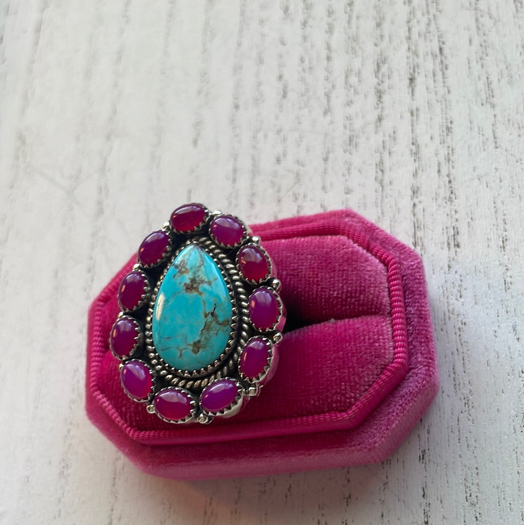 Handmade Pink Onyx & Turquoise Sterling Silver Adjustable Ring Signed Nizhoni