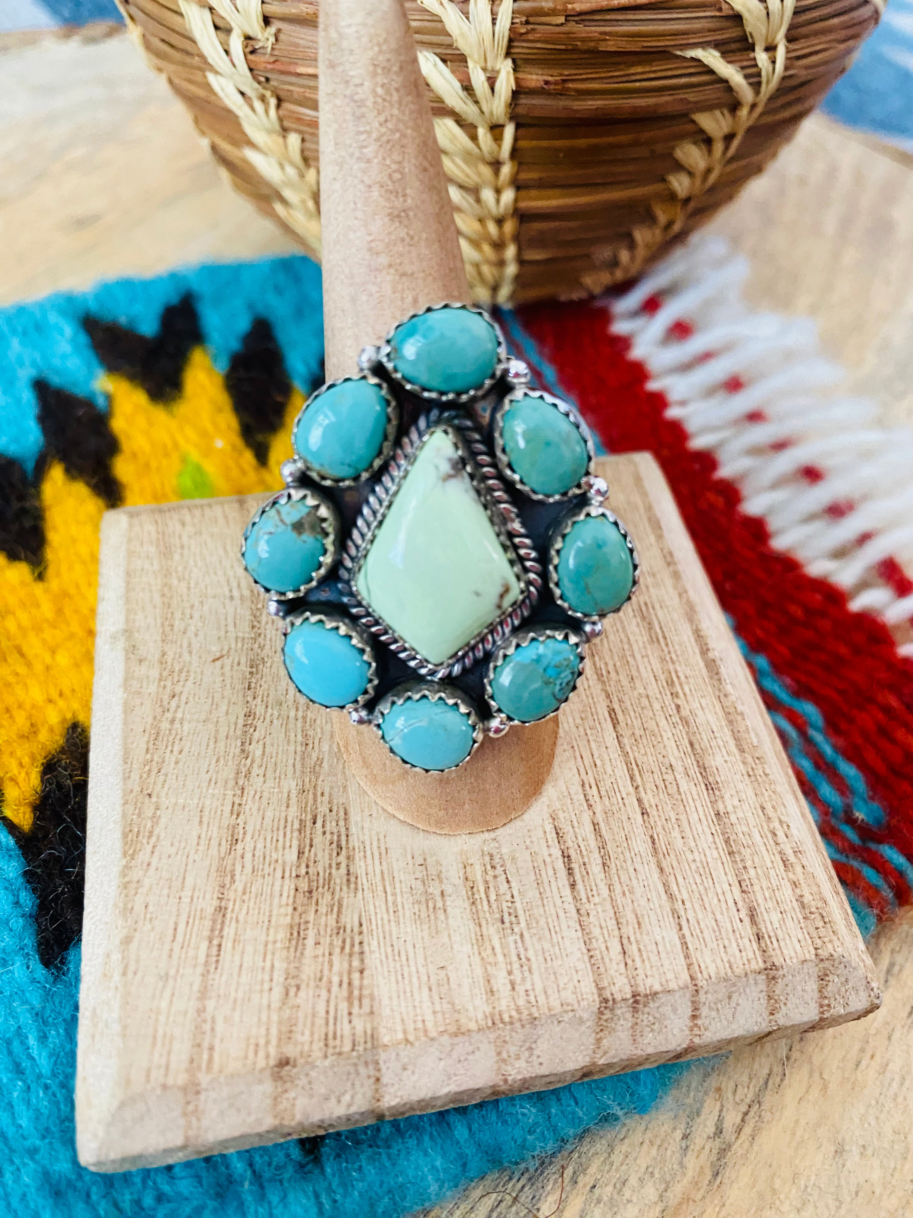 Handmade Sterling Silver, Variscite & Turquoise Cluster Adjustable Ring