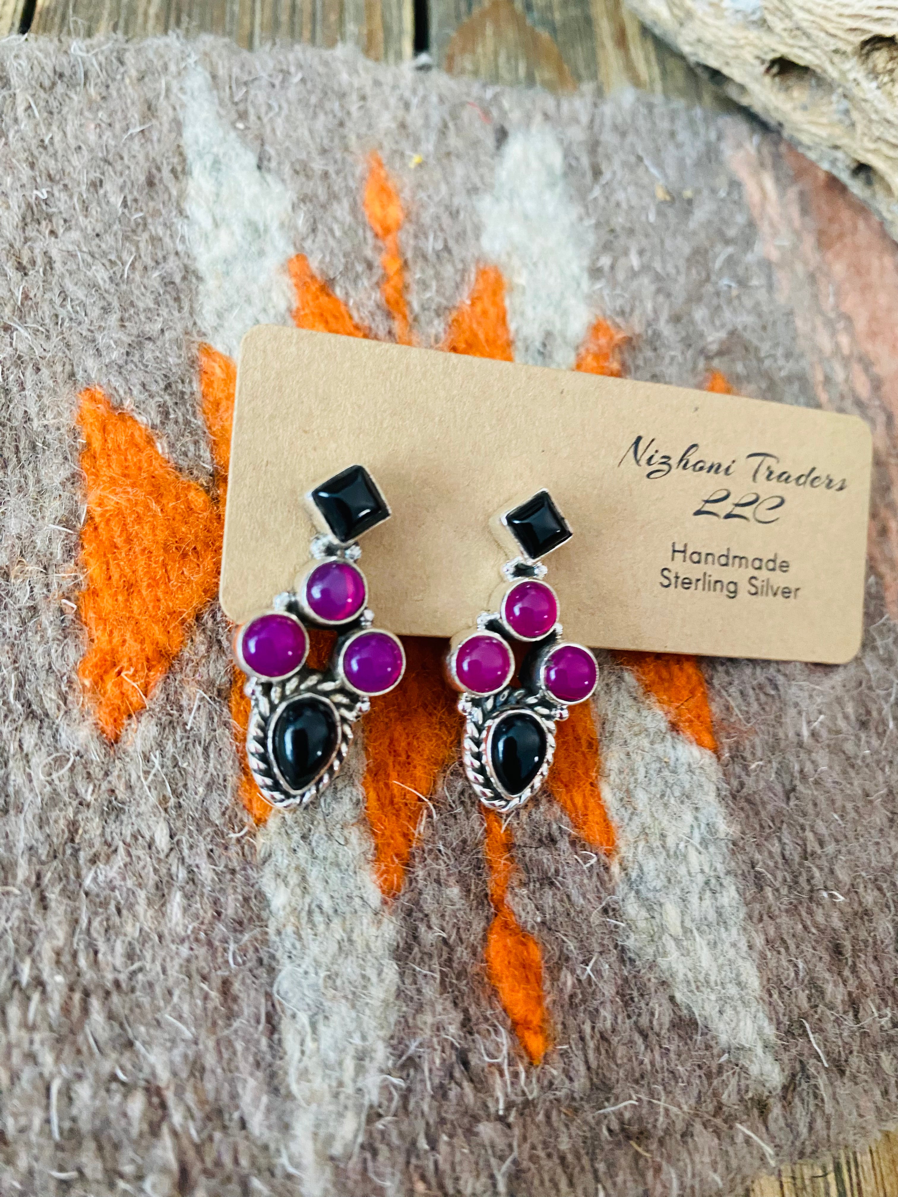 Handmade Pink & Black Onyx Sterling Silver Post Earrings Signed Nizhoni