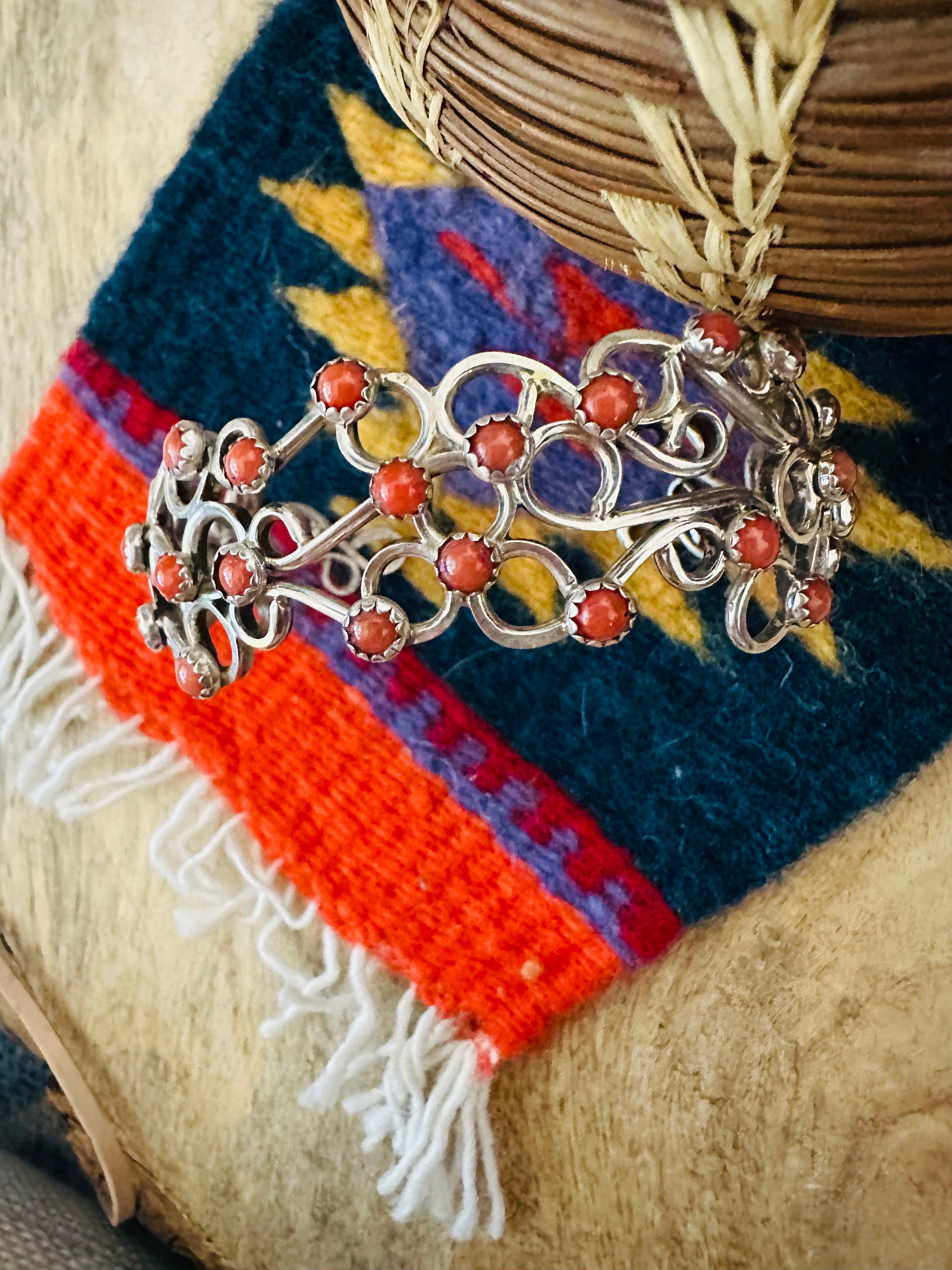 Navajo Coral & Sterling Silver Cuff Bracelet Signed