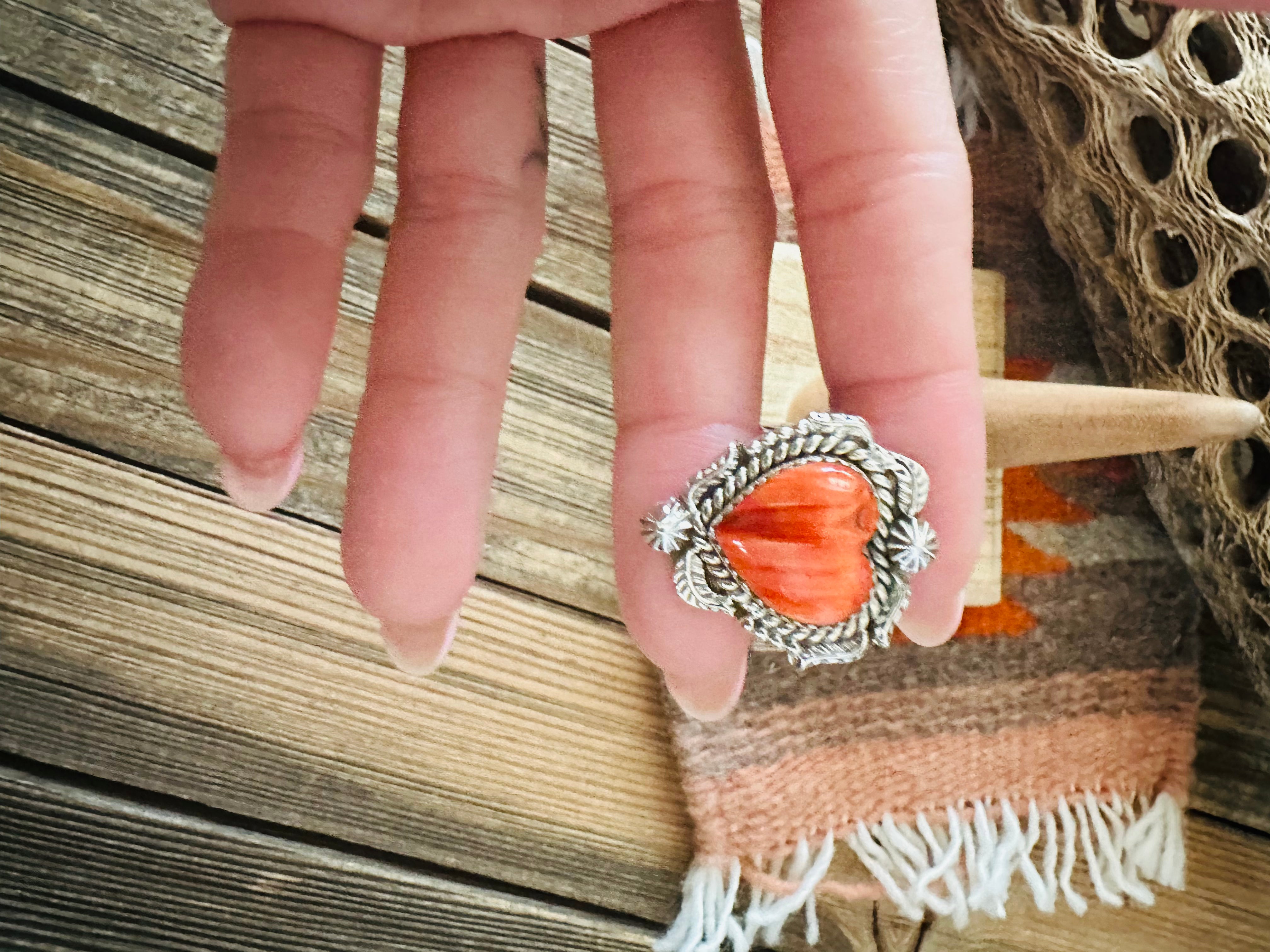 Handmade Sterling Silver & Orange Spiny Heart Adjustable Ring