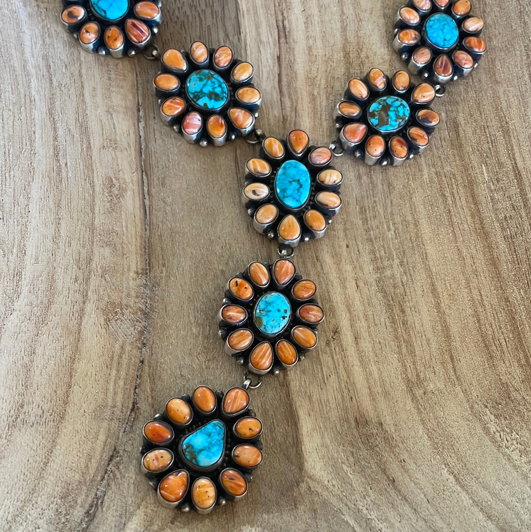 Navajo Sterling Silver Turquoise & Orange Spiny Necklace