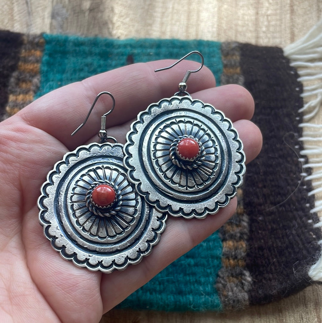 Beautiful Navajo Sterling Silver & Coral Dangle Earrings Signed