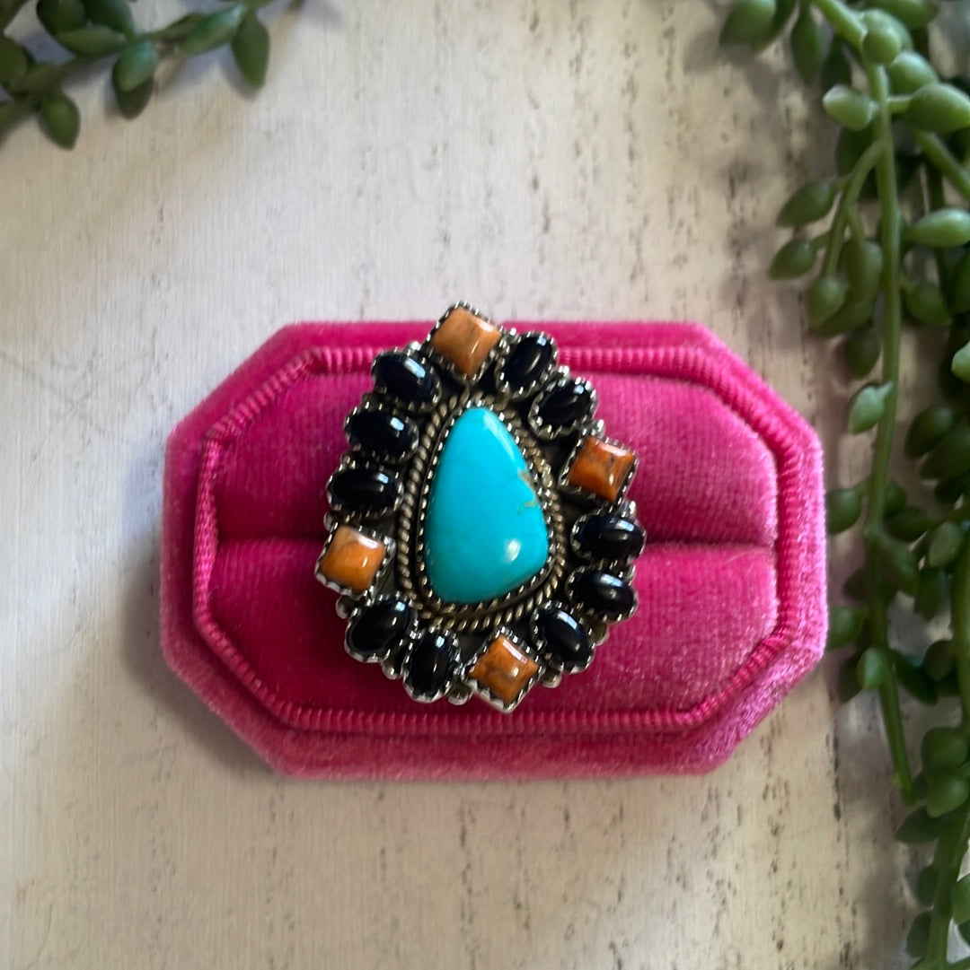 Nizhoni Handmade Turquoise, Black Onyx, Orange Mojave  And Sterling Silver Adjustable Ring