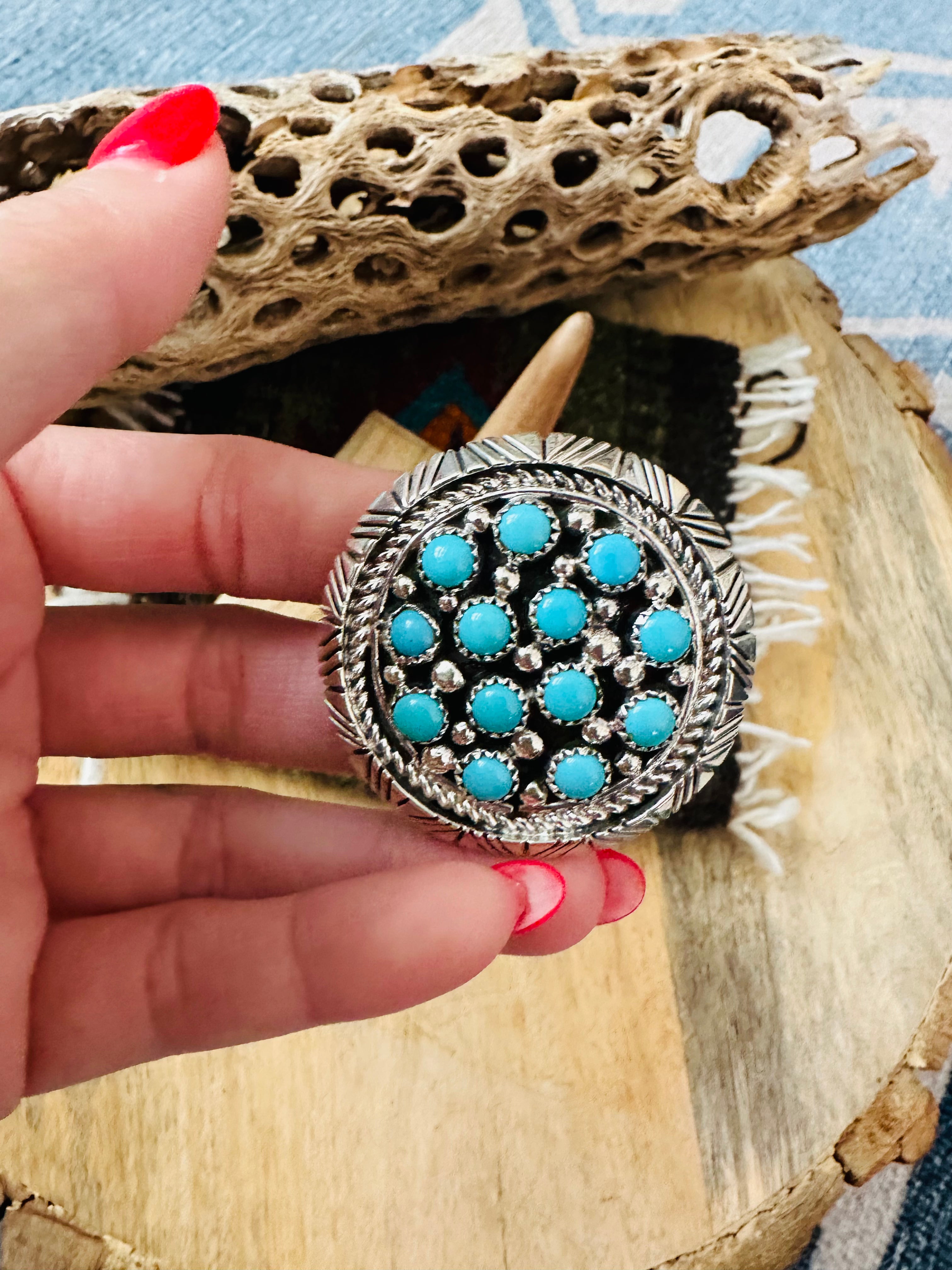 Navajo Sterling Silver & Turquoise Cluster Ring Signed