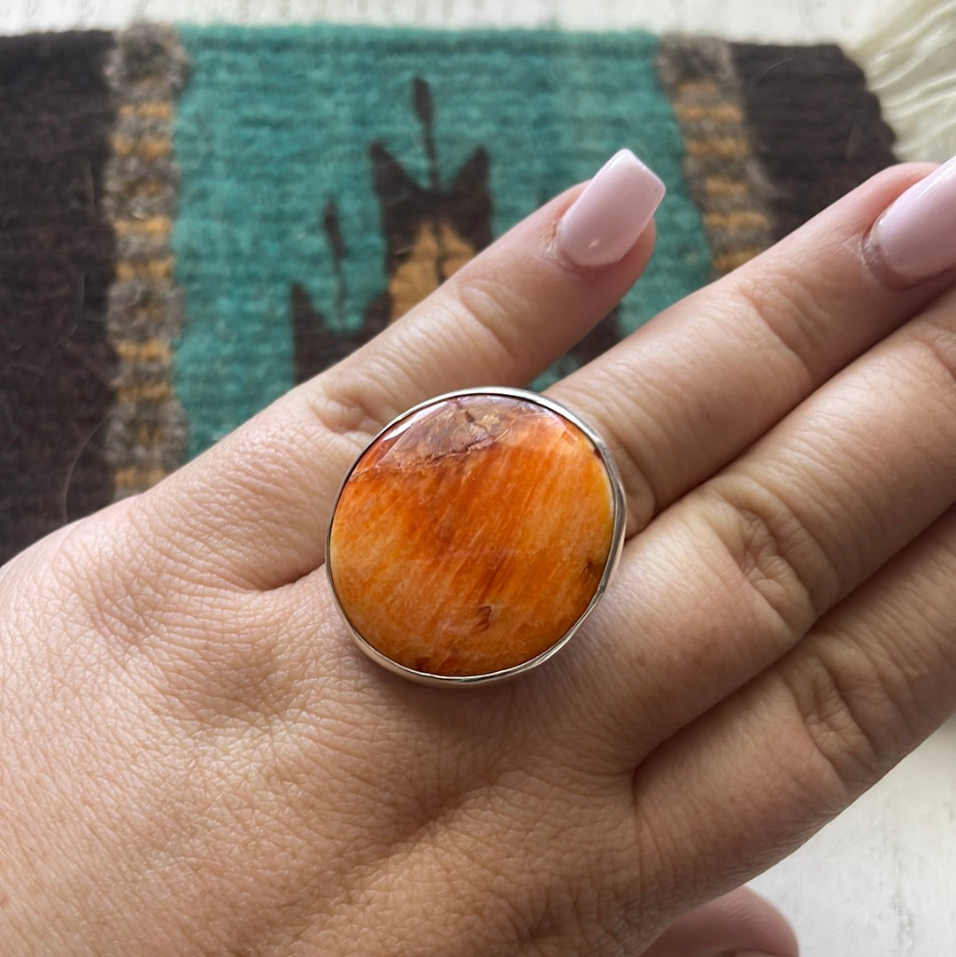 Navajo Sterling Silver & Orange Spiny Ring Size 8.5