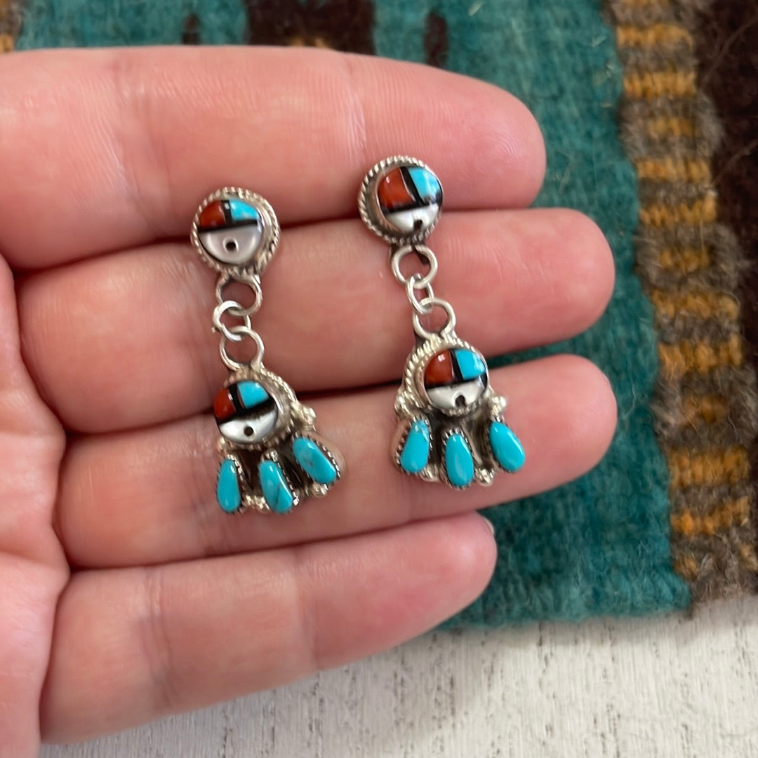 Zuni Inlay Multi Stone & Sterling Silver Dangle Earrings