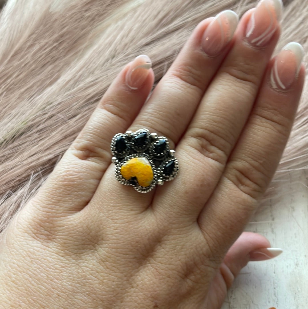 Handmade Bear Paw Black Onyx, Bumble Bee  & Sterling Silver Adjustable Ring