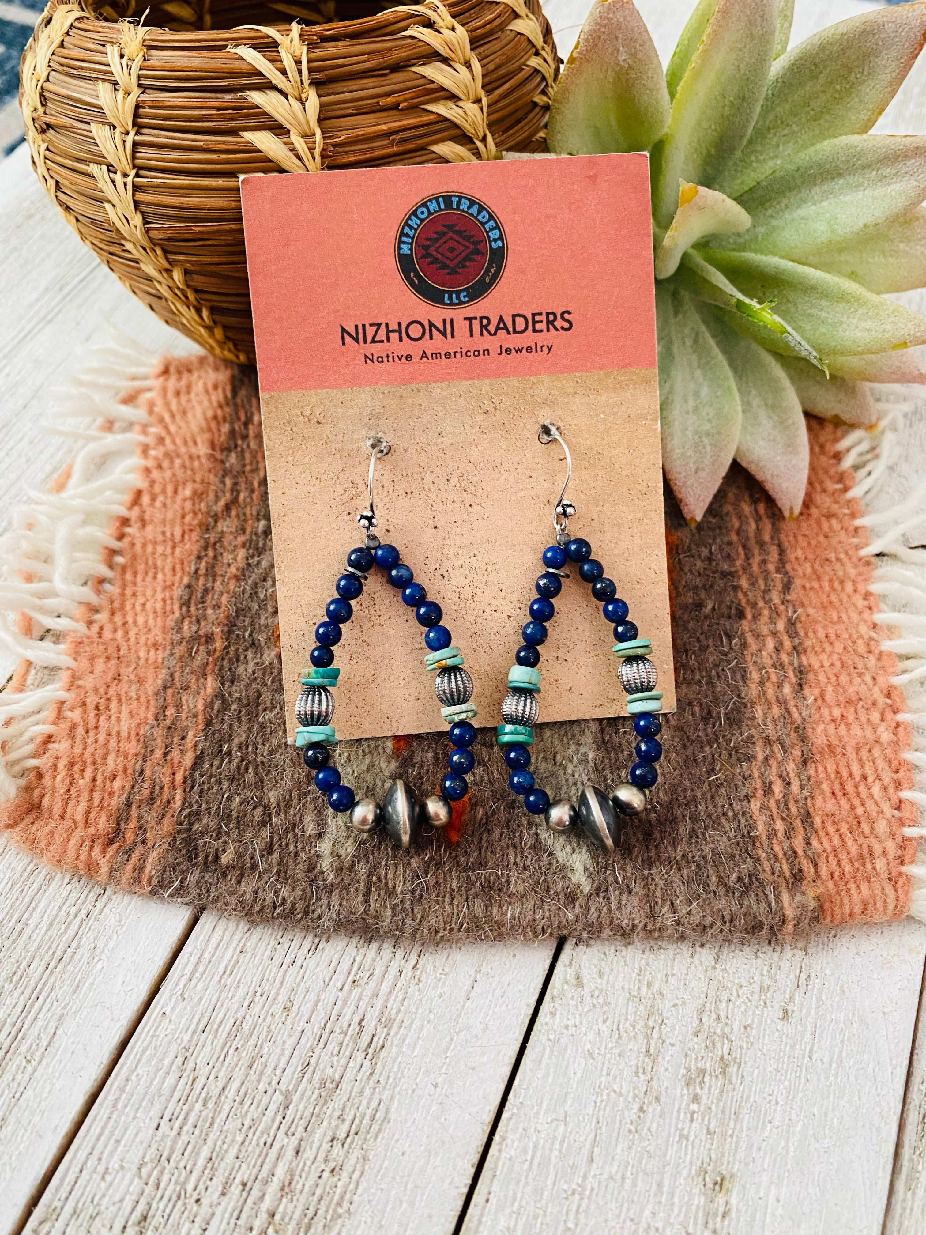 Handmade Turquoise, Lapis And Sterling Silver Beaded Dangle Earrings