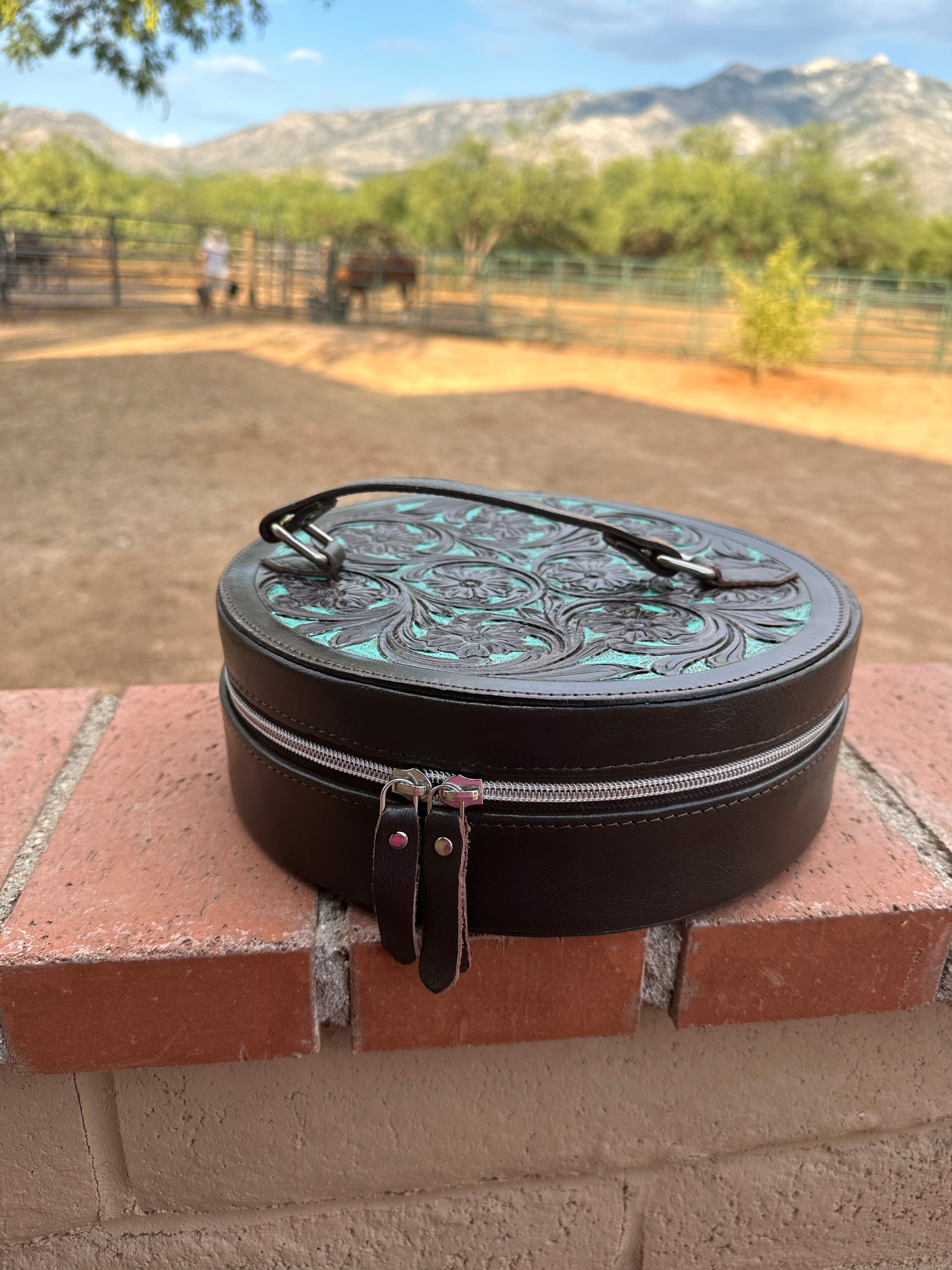 Chocolate Leather and Turquoise Travel Round Case