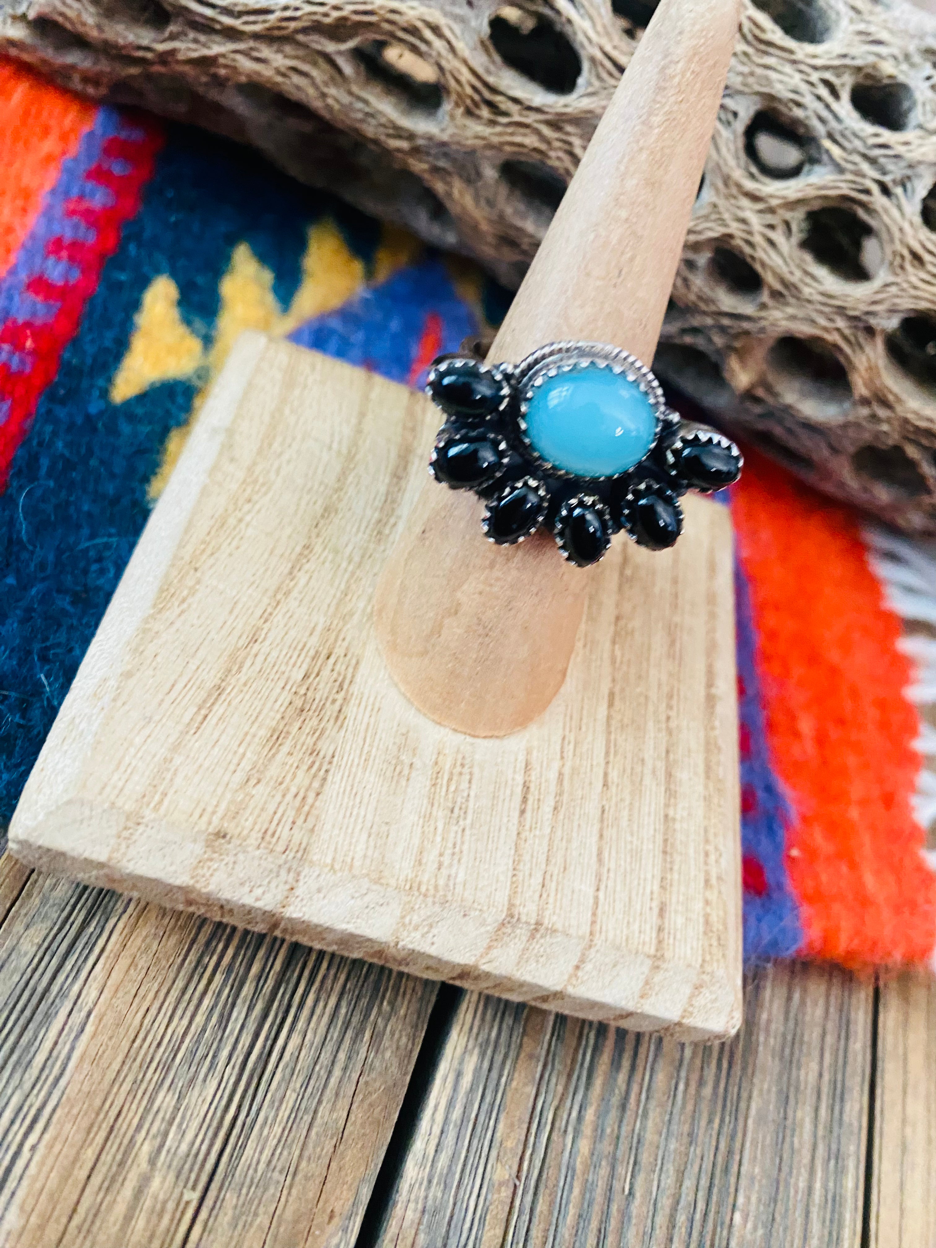 Handmade Sterling Silver, Opalite & Onyx Cluster Adjustable Ring