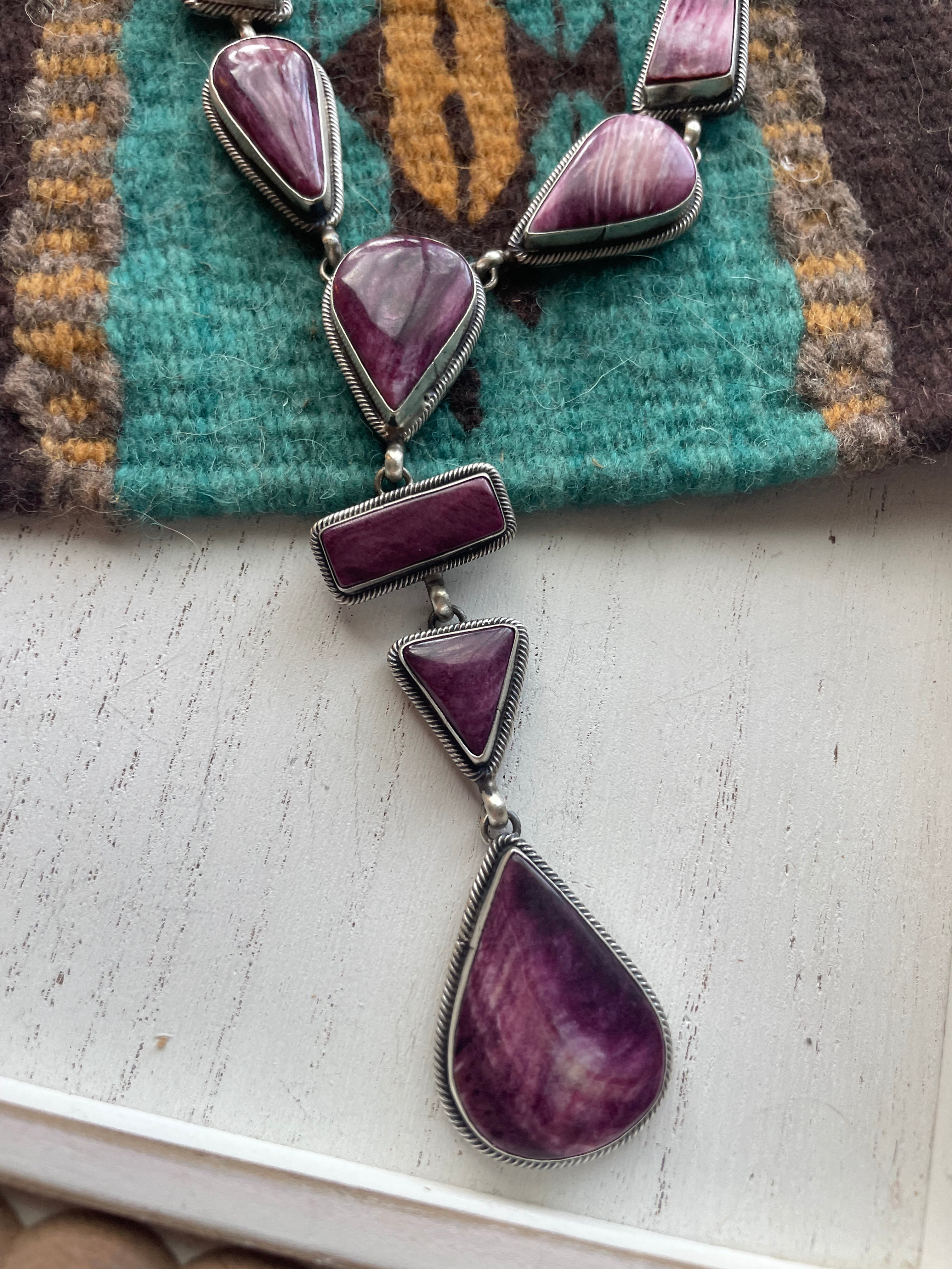 Navajo Purple Spiny And Sterling Silver Necklace & Earrings Signed