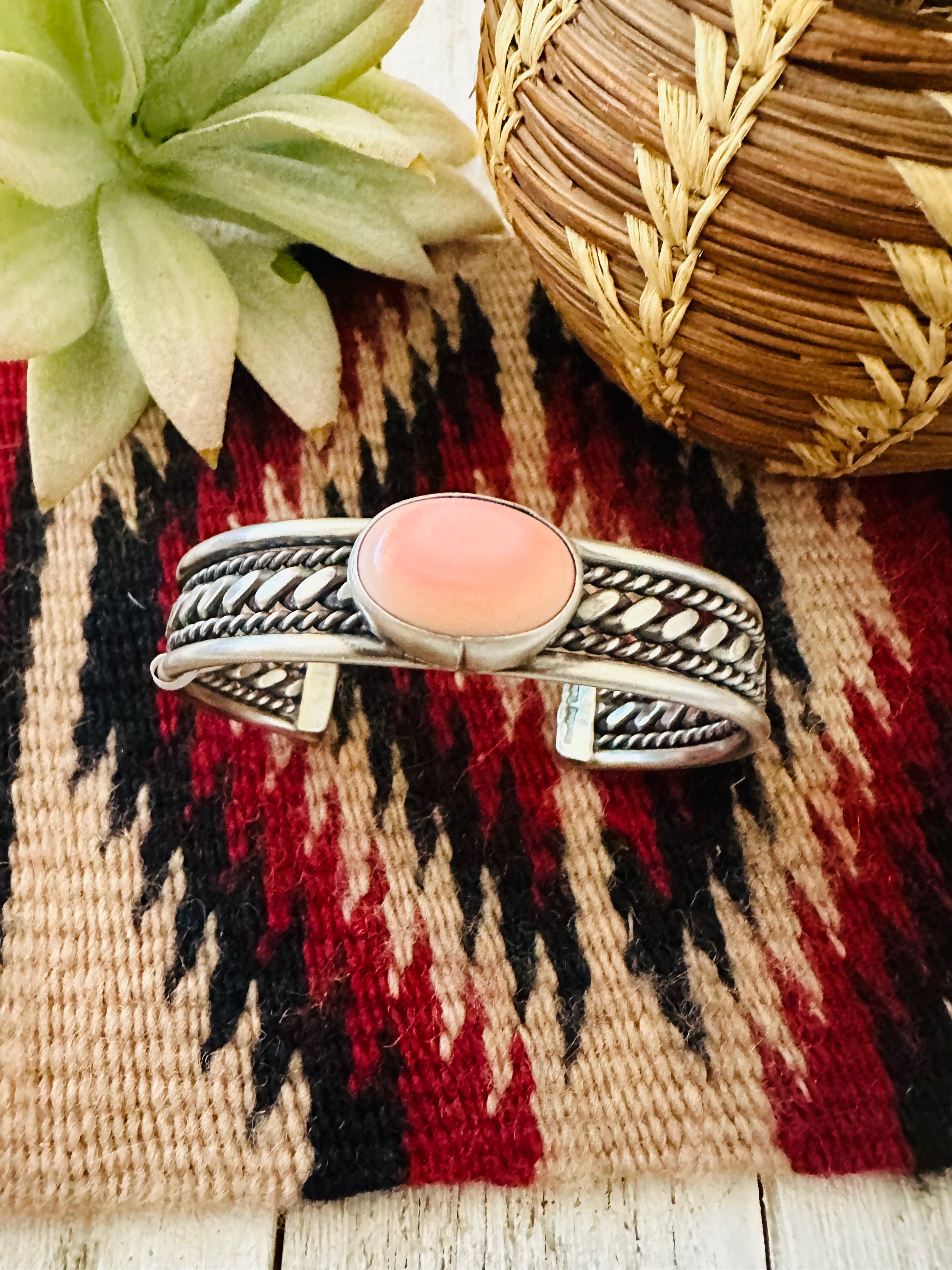 Navajo Queen Pink Conch Shell & Sterling Silver Cuff Bracelet