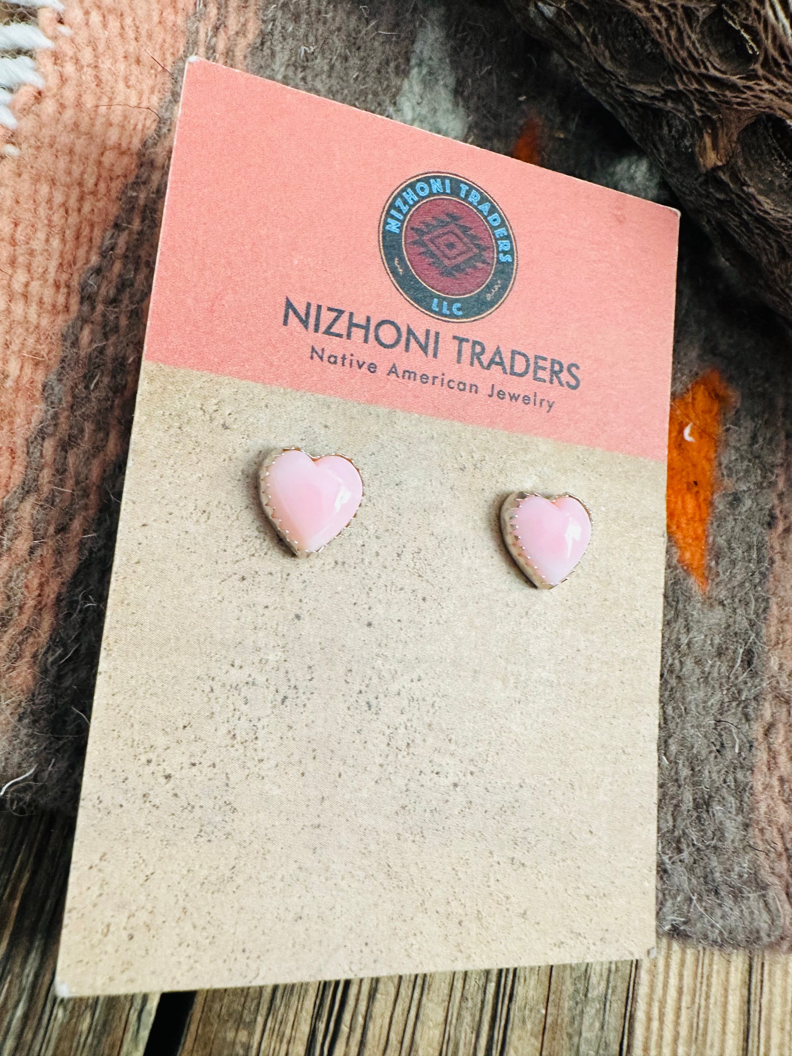 Navajo Queen Pink Conch & Sterling Silver Heart Stud Earrings