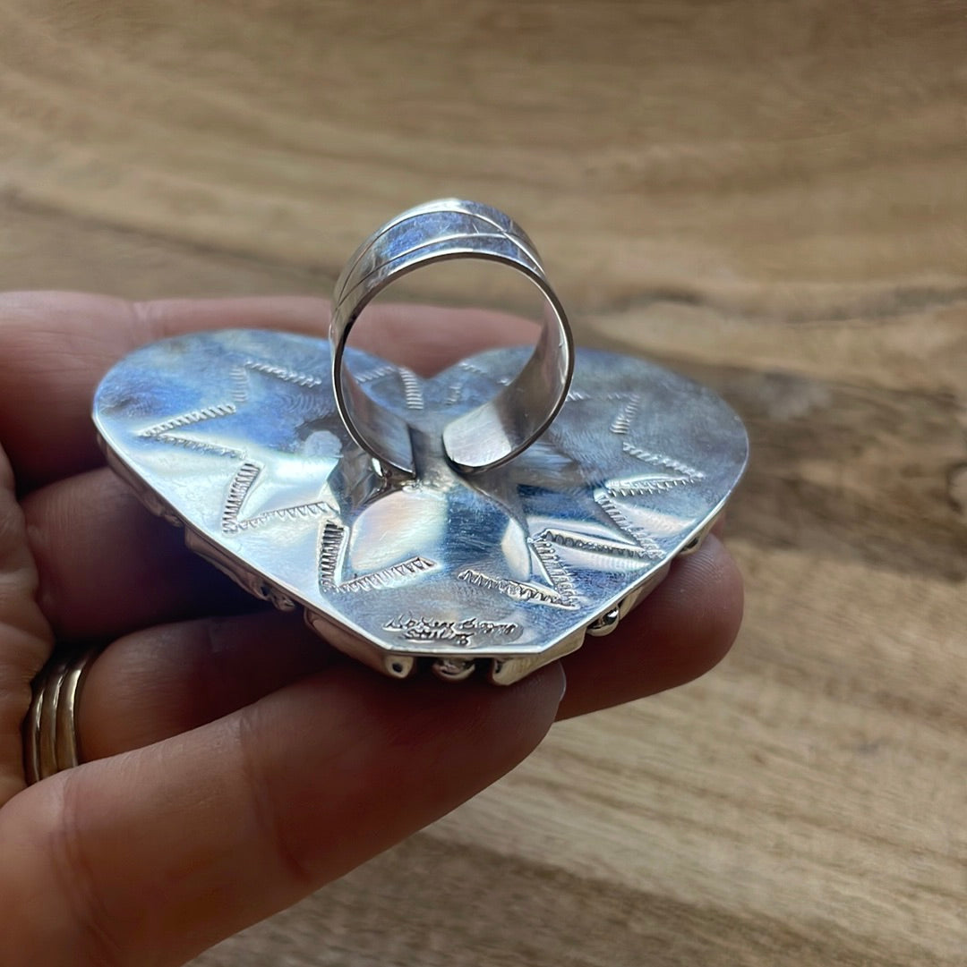 Navajo Coral Sterling Silver Adjustable Heart Ring Signed