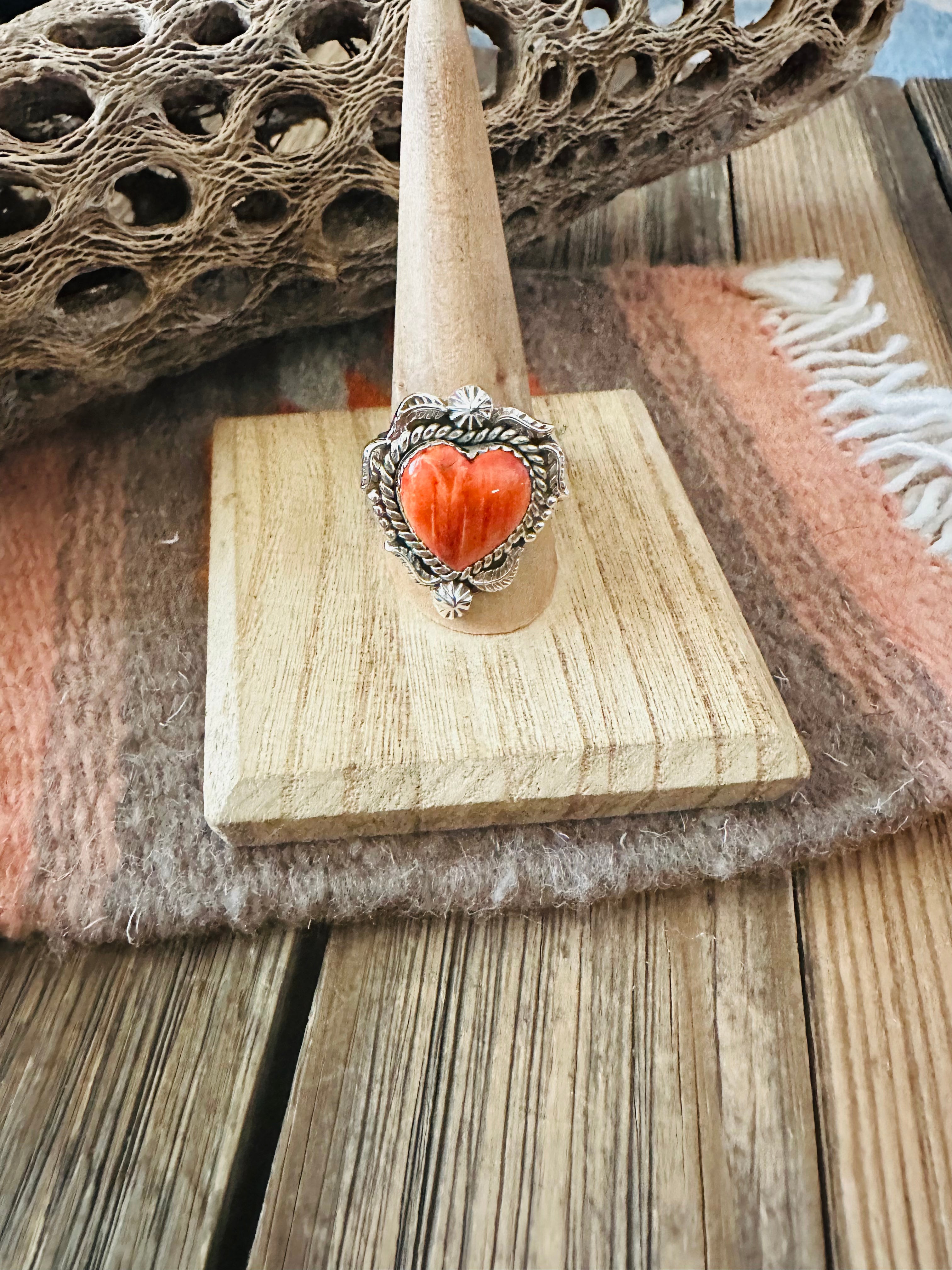 Handmade Sterling Silver & Orange Spiny Heart Adjustable Ring