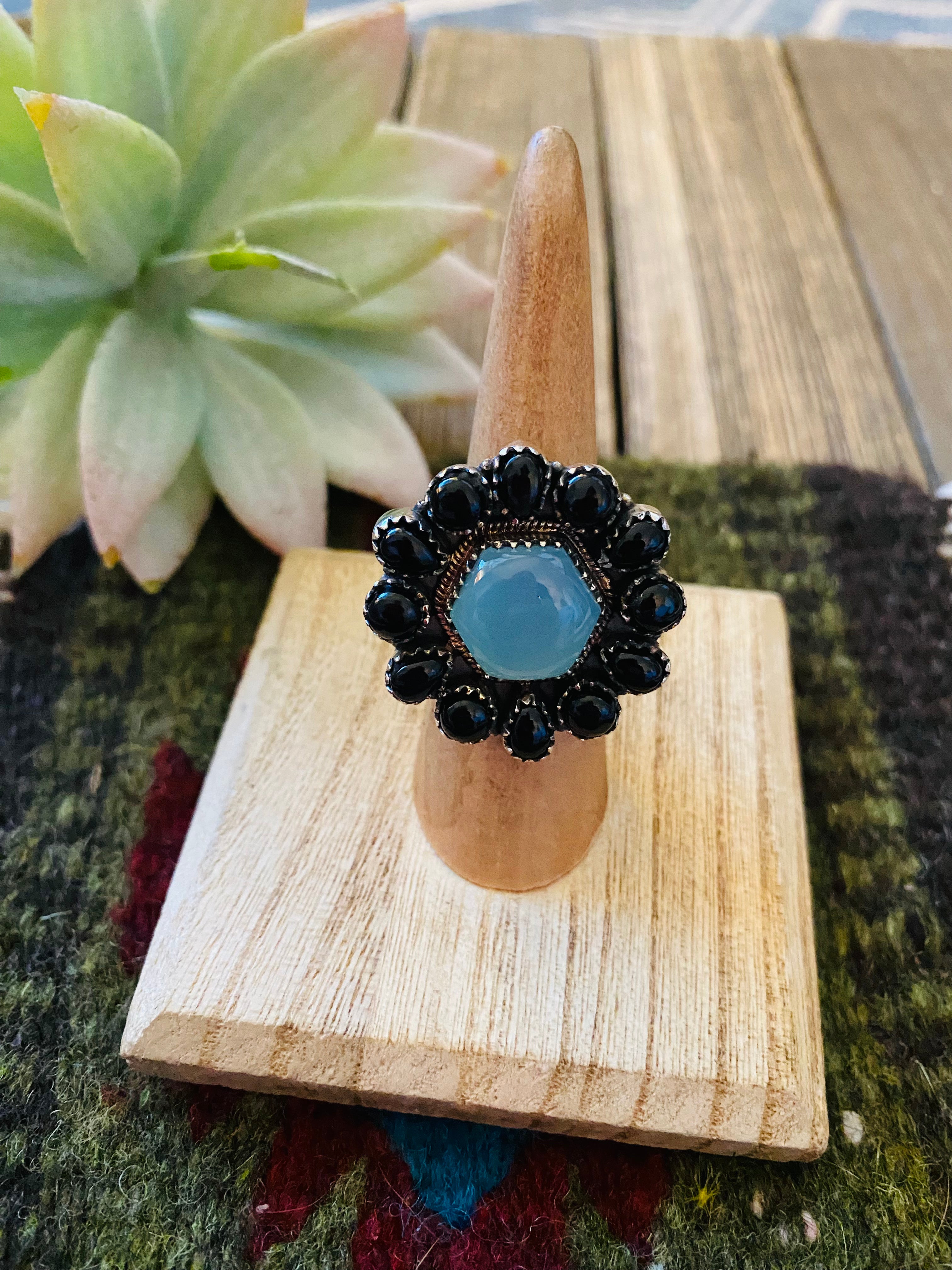 Handmade Sterling Silver, Opalite & Onyx Cluster Adjustable Ring