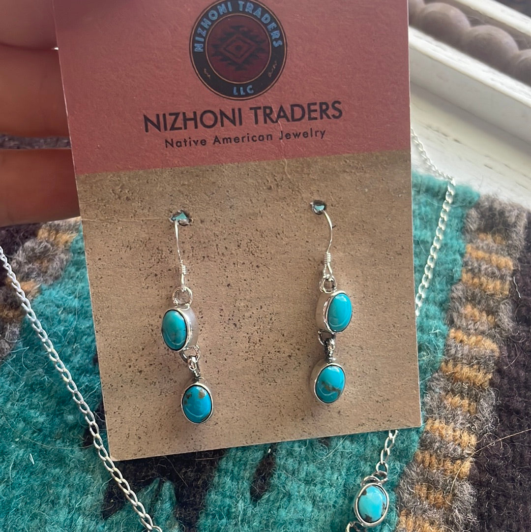 Navajo Sterling And Turquoise Drop Necklace And Earrings Set