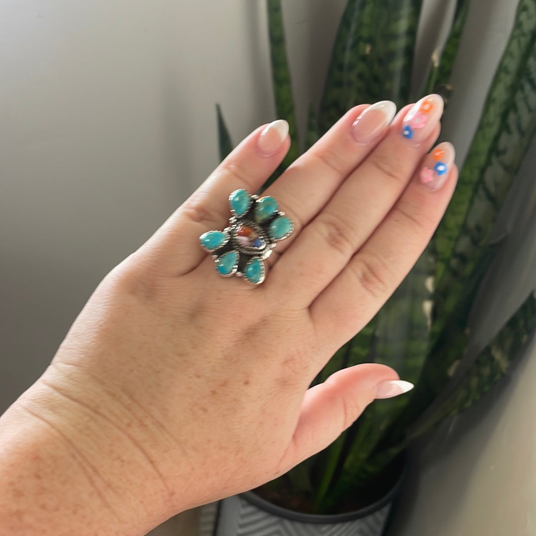 “The Willow” Handmade Sterling Silver, Turquoise & Pink Dream Cluster Adjustable Ring Signed Nizhoni