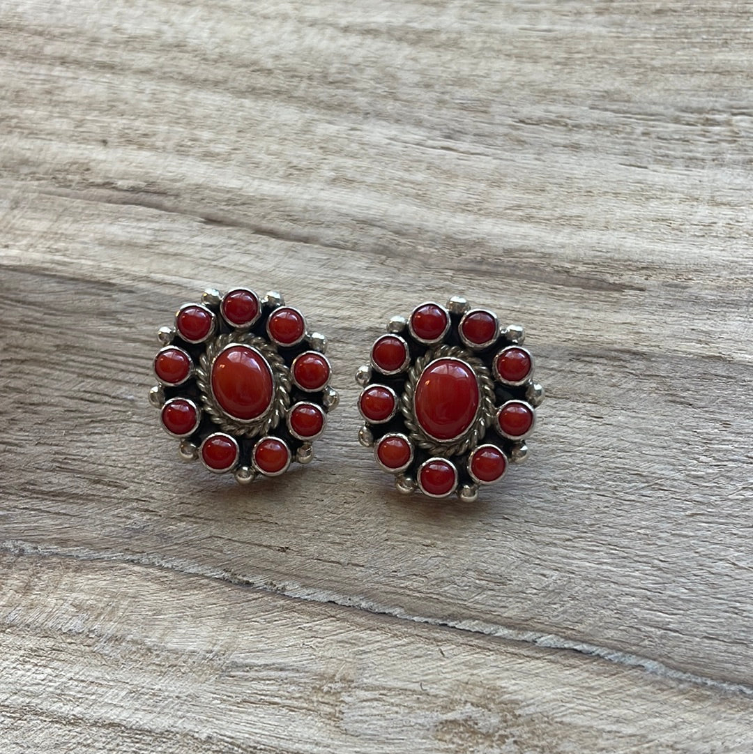 Vintage Navajo Natural Coral And Sterling Silver Post Earrings